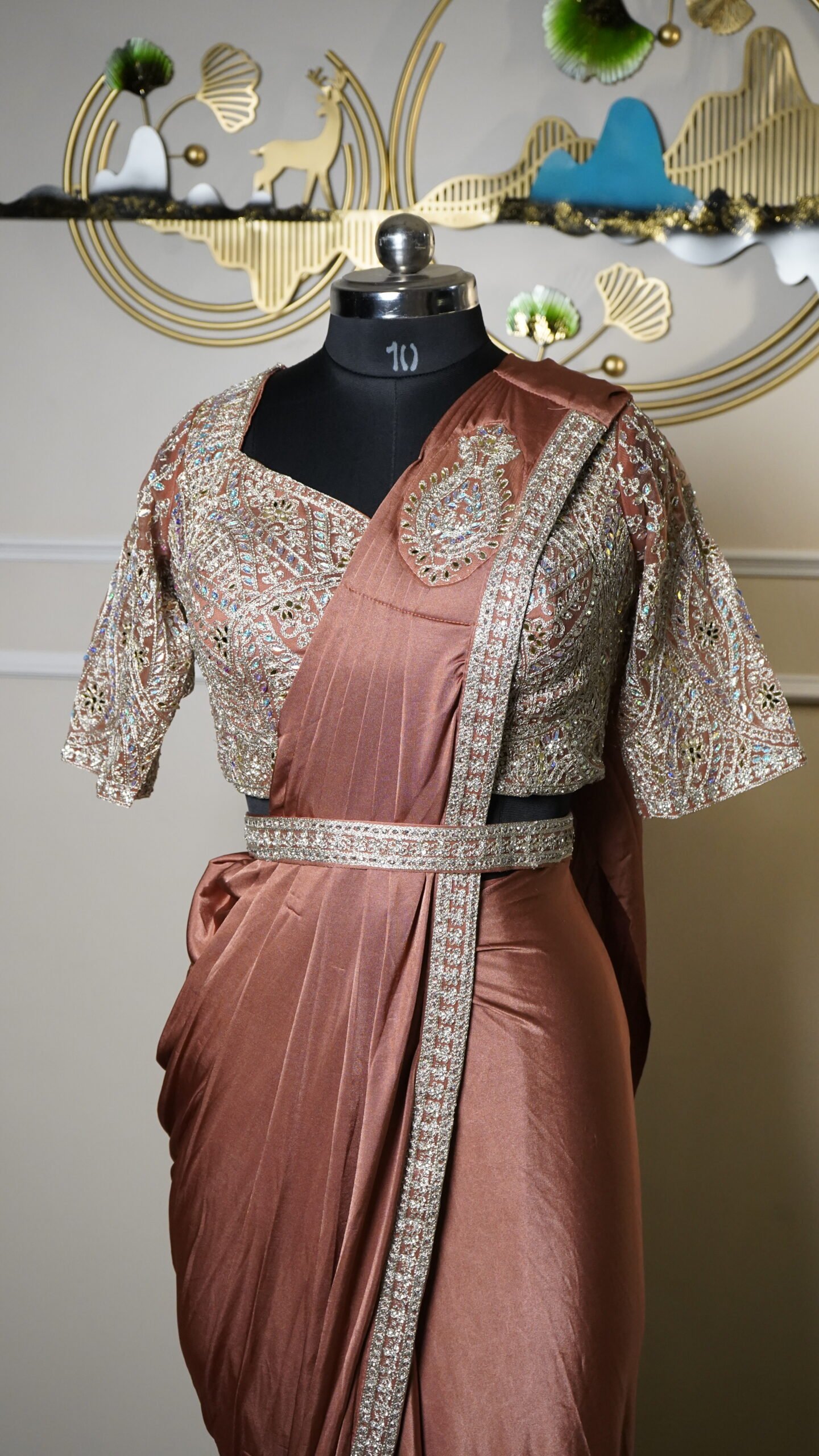 Rose Gold Ready-to-Wear Saree with Heavy Embroidered Blouse