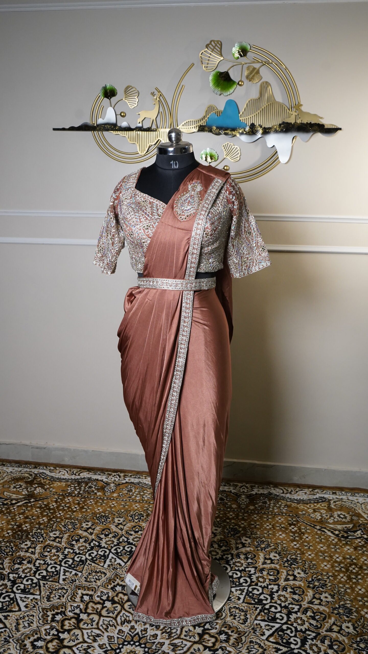 Rose Gold Ready-to-Wear Saree with Heavy Embroidered Blouse - Image 3