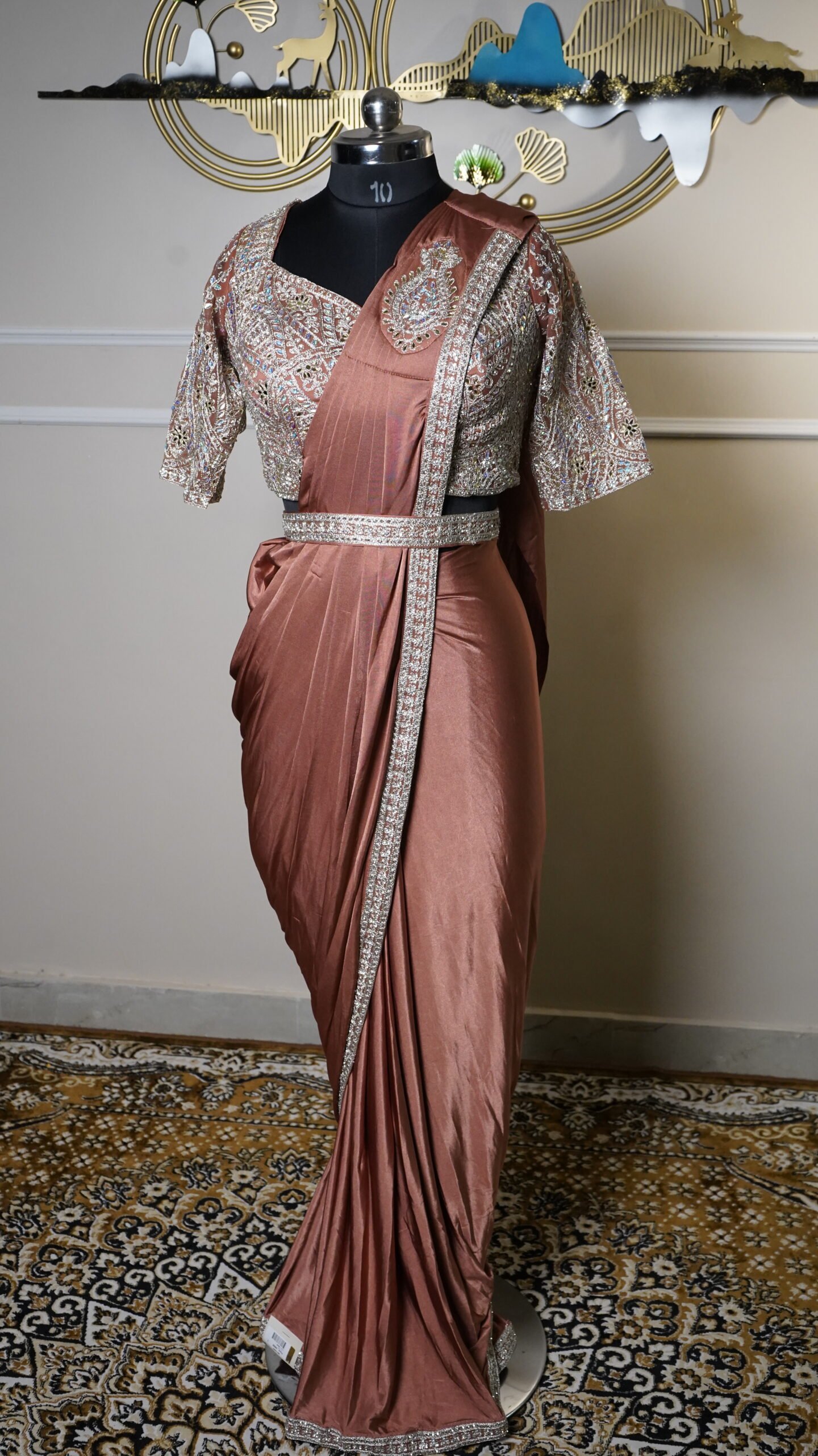 Rose Gold Ready-to-Wear Saree with Heavy Embroidered Blouse - Image 2