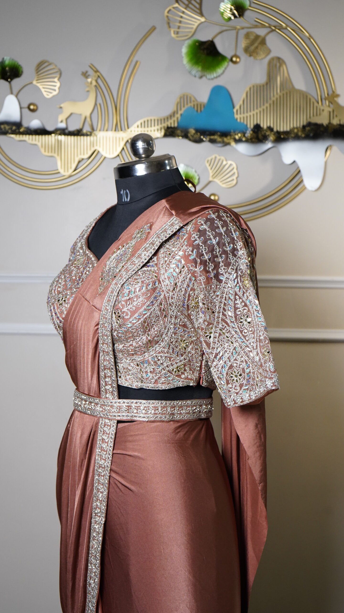 Rose Gold Ready-to-Wear Saree with Heavy Embroidered Blouse - Image 4