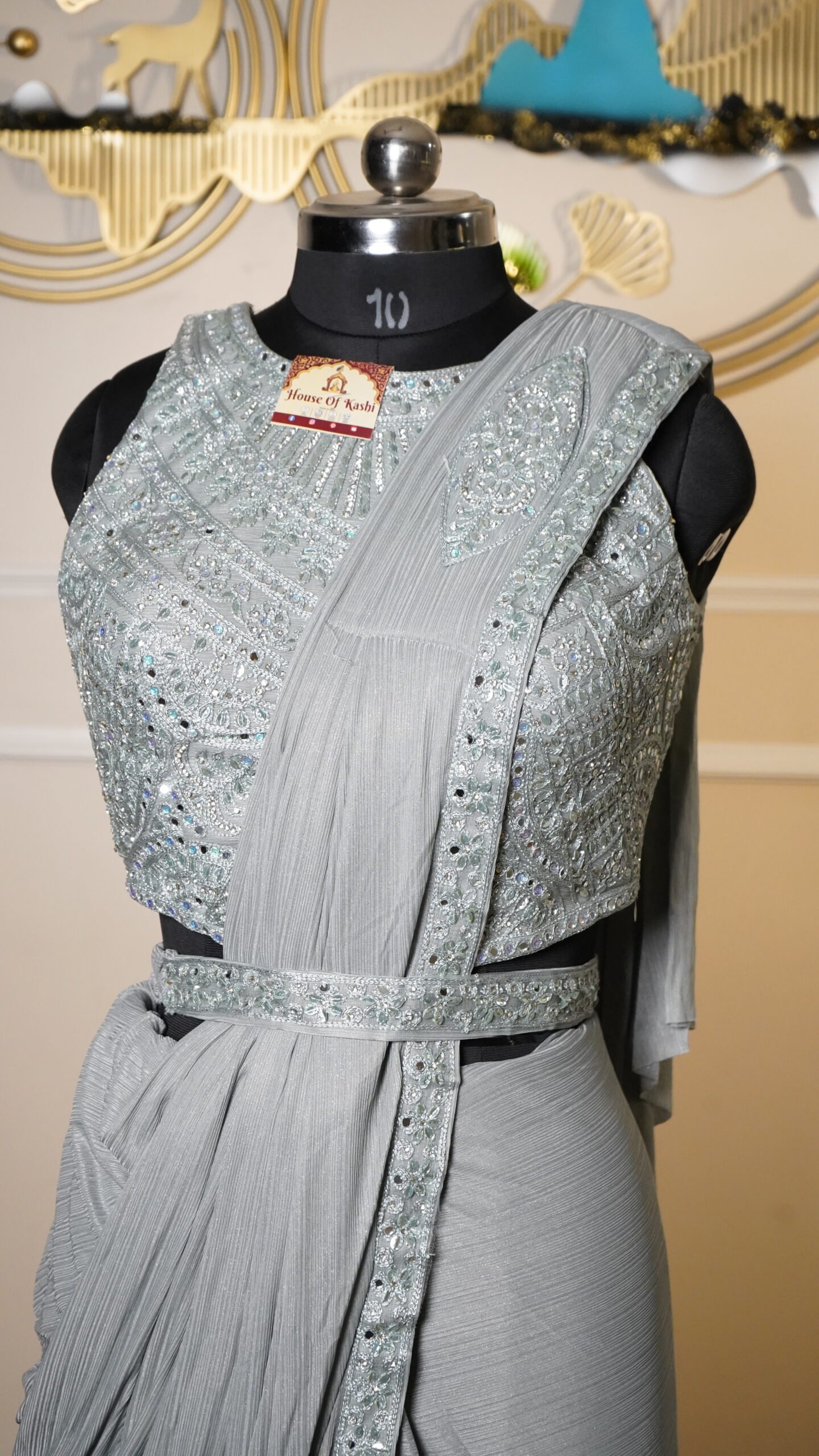 Ice Blue Ready-to-Wear Designer Saree with Hand Embroidered Blouse