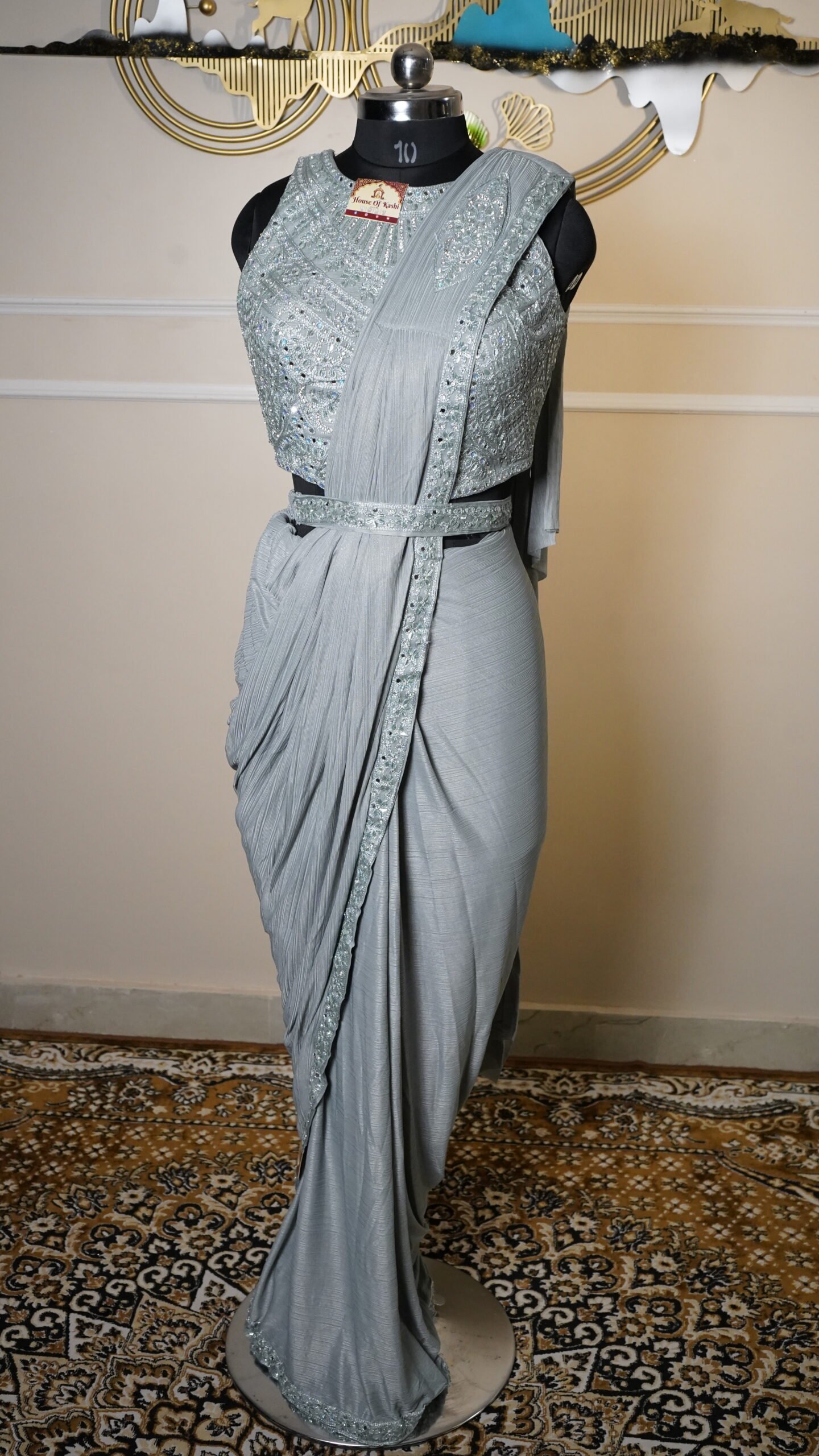 Ice Blue Ready-to-Wear Designer Saree with Hand Embroidered Blouse - Image 2