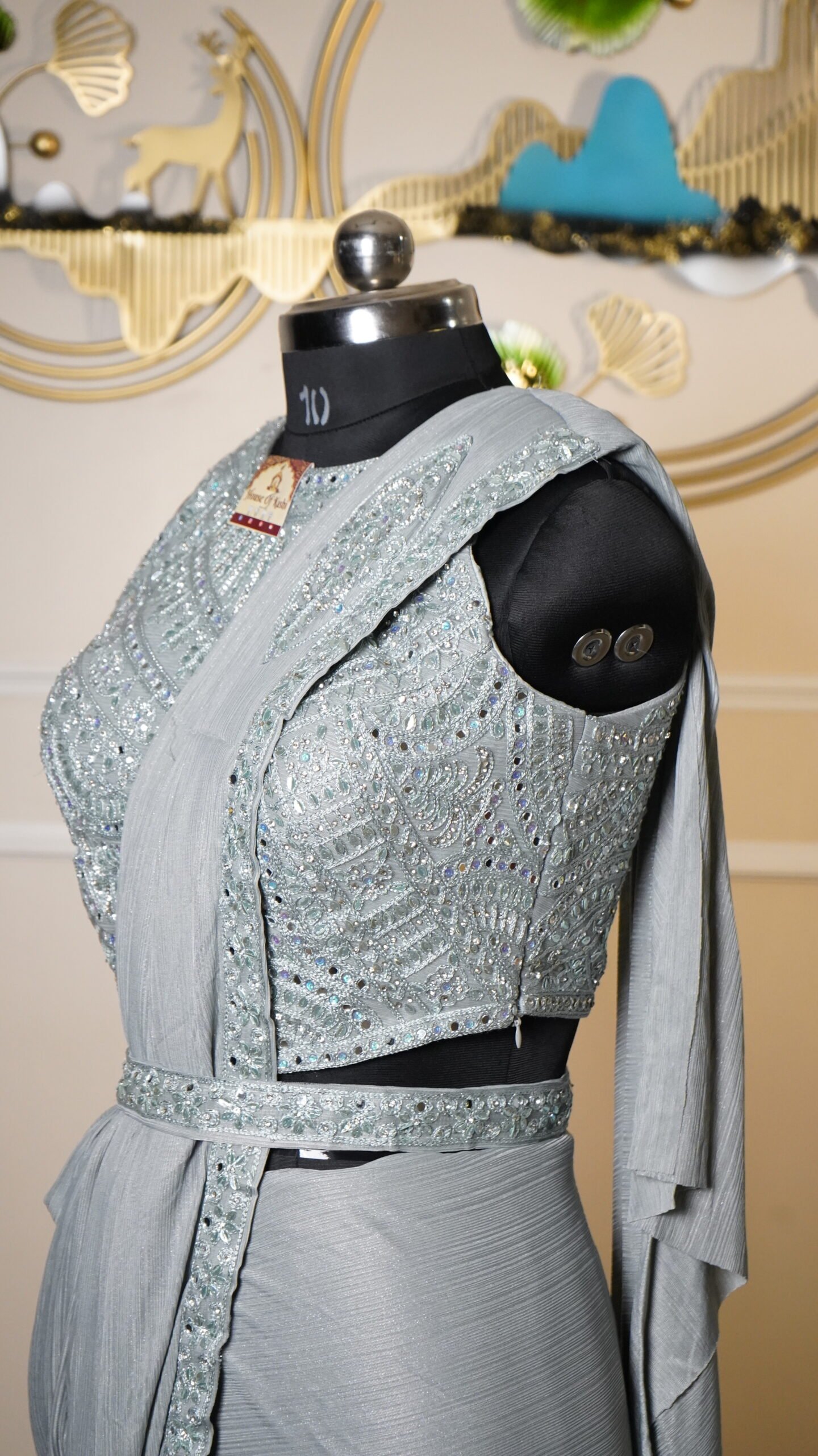 Ice Blue Ready-to-Wear Designer Saree with Hand Embroidered Blouse - Image 4