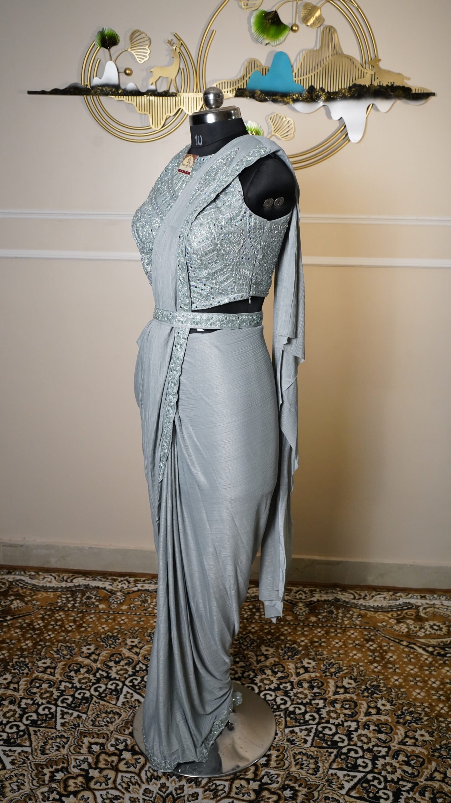 Ice Blue Ready-to-Wear Designer Saree with Hand Embroidered Blouse - Image 3