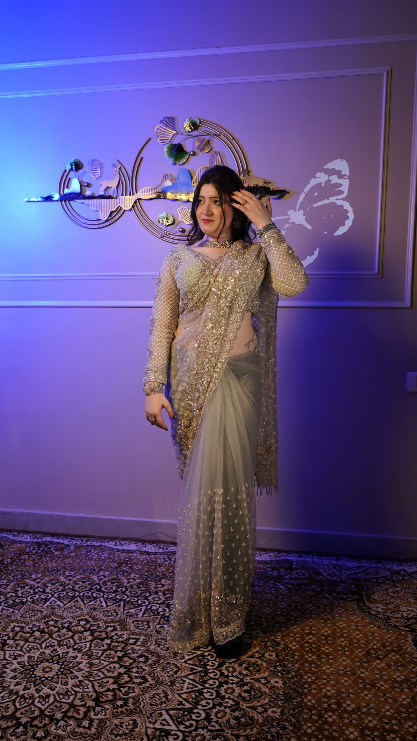 Silver Grey Sequins Embroidered Designer Ready-to-Wear Saree with Blouse - Image 2