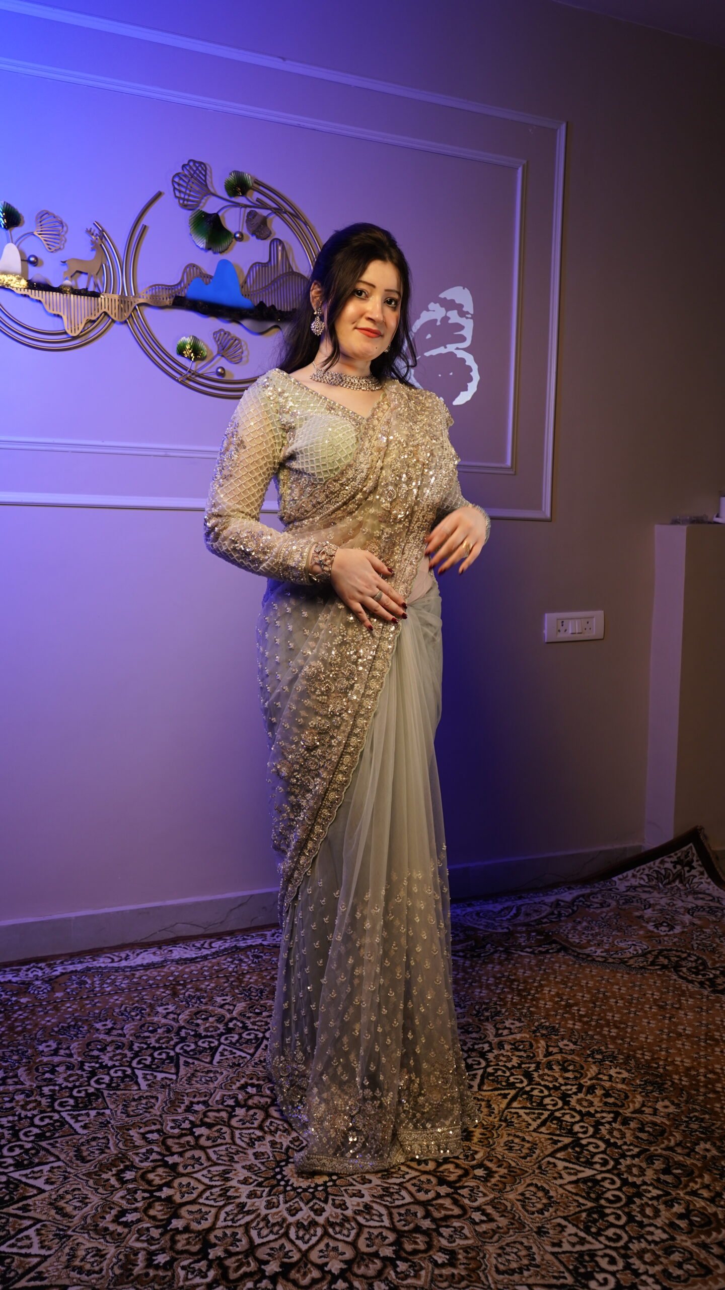 Silver Grey Sequins Embroidered Designer Ready-to-Wear Saree with Blouse - Image 4