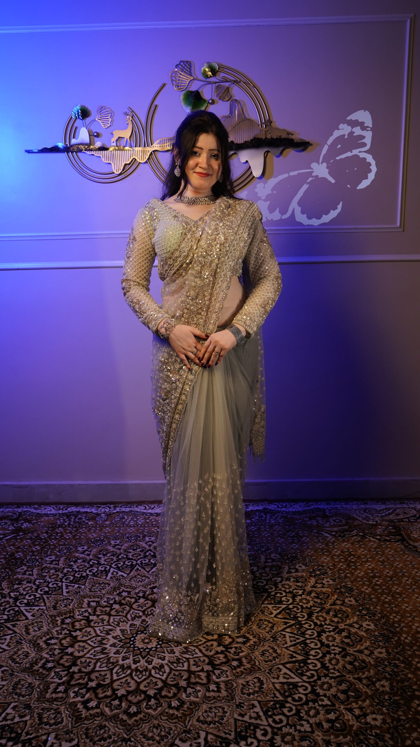 Silver Grey Sequins Embroidered Designer Ready-to-Wear Saree with Blouse - Image 3