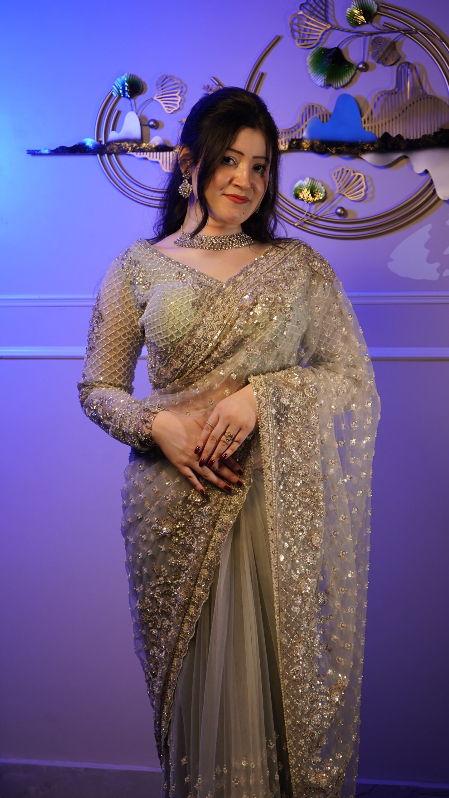 Silver Grey Sequins Embroidered Designer Ready-to-Wear Saree with Blouse