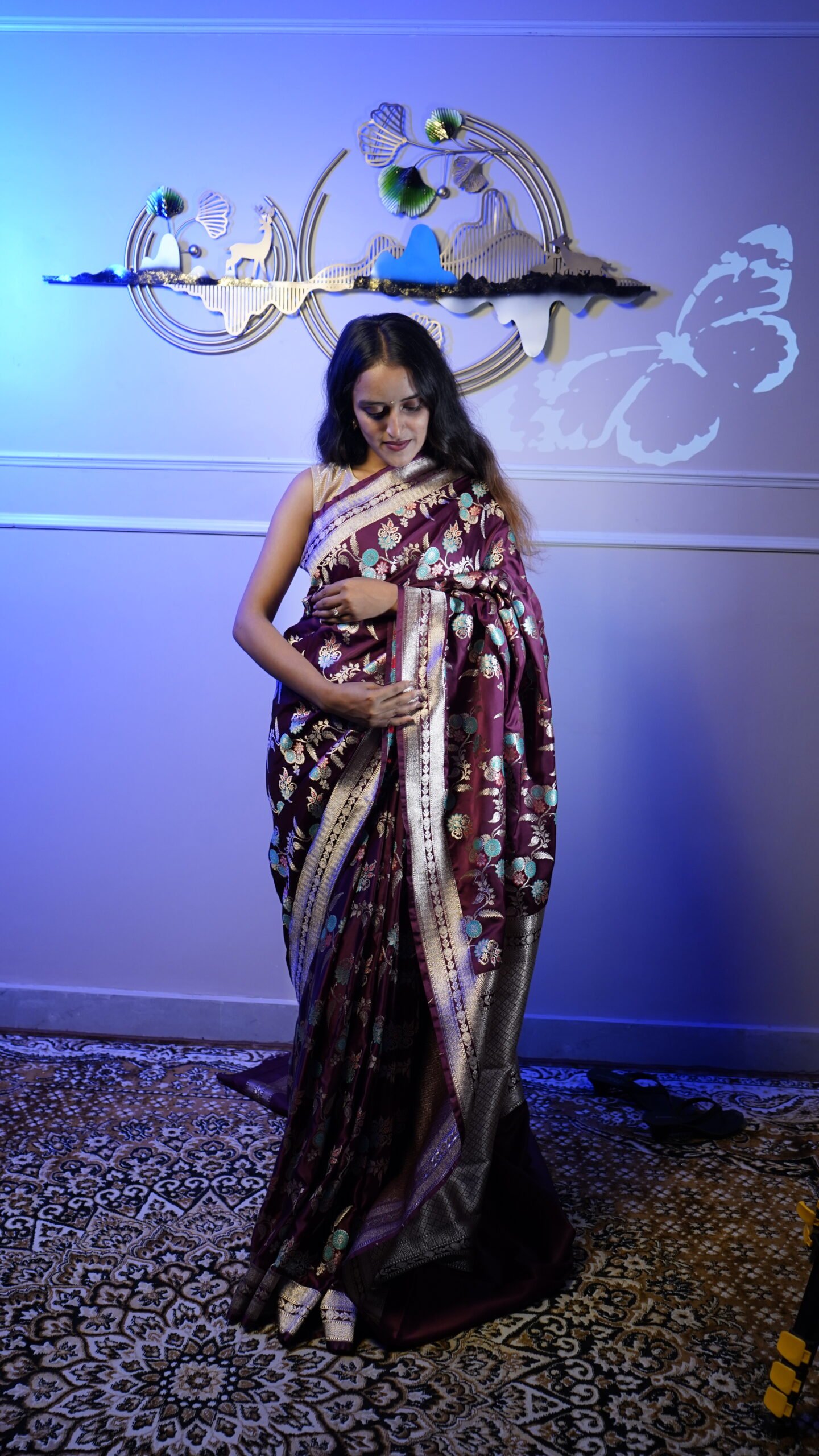 Wine Banarasi Silk Saree with Floral Zari Weaving & Rich Silver Border - Image 5
