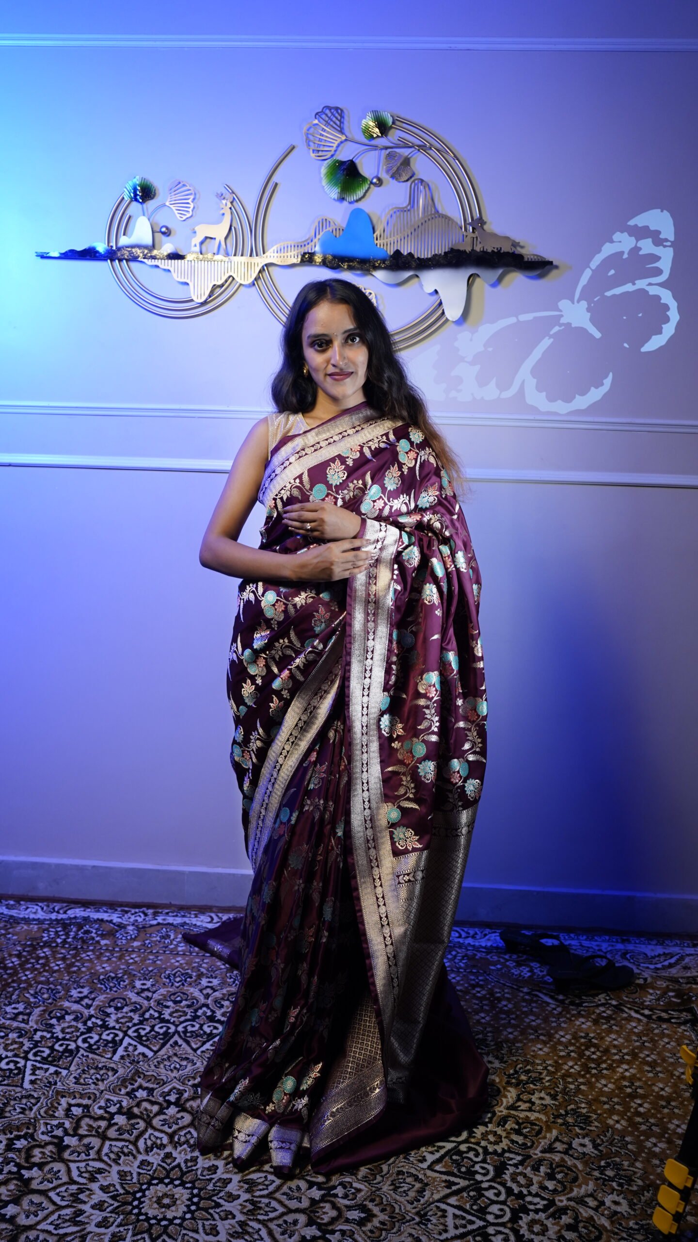 Wine Banarasi Silk Saree with Floral Zari Weaving & Rich Silver Border - Image 3