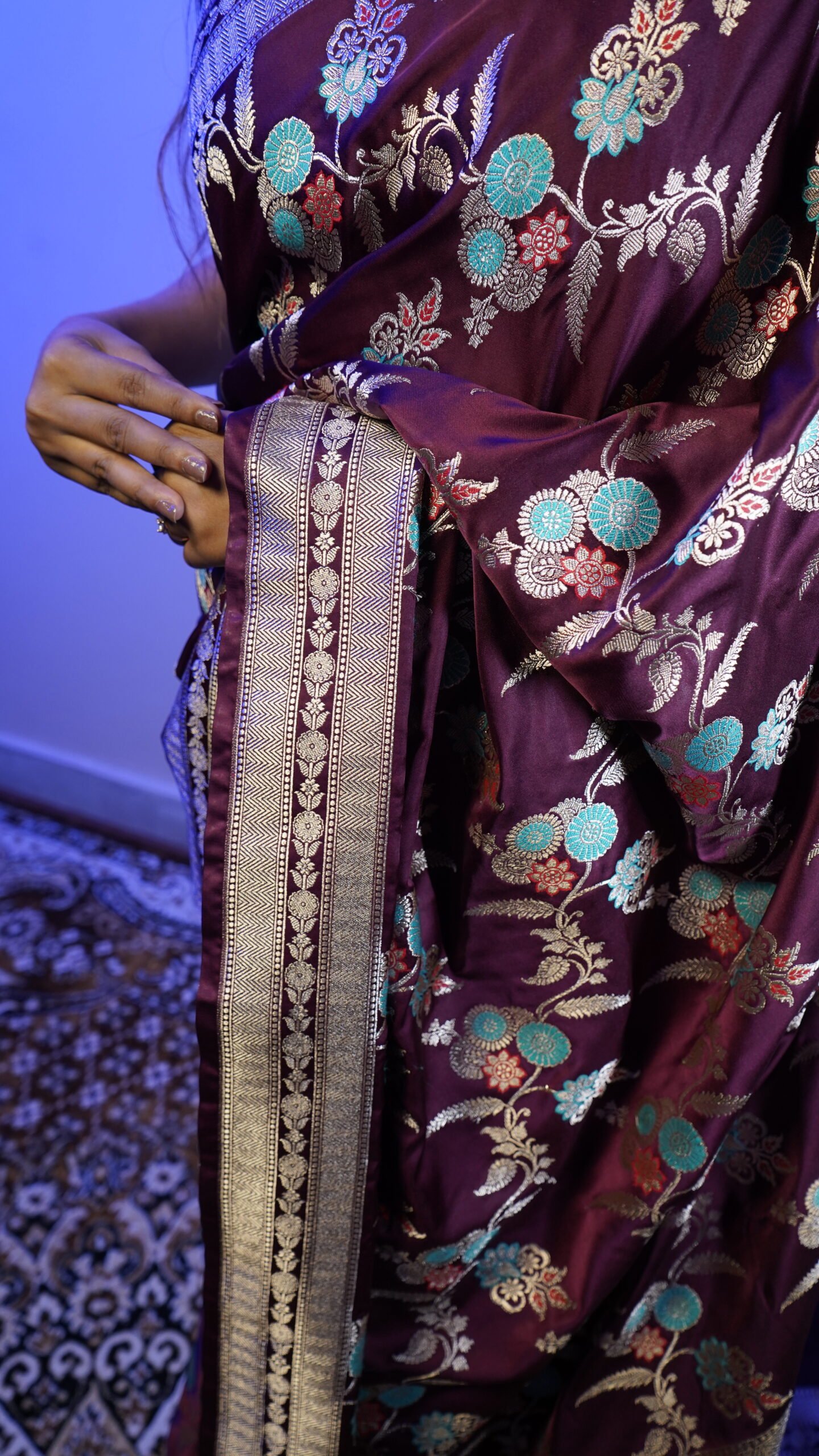 Wine Banarasi Silk Saree with Floral Zari Weaving & Rich Silver Border - Image 2