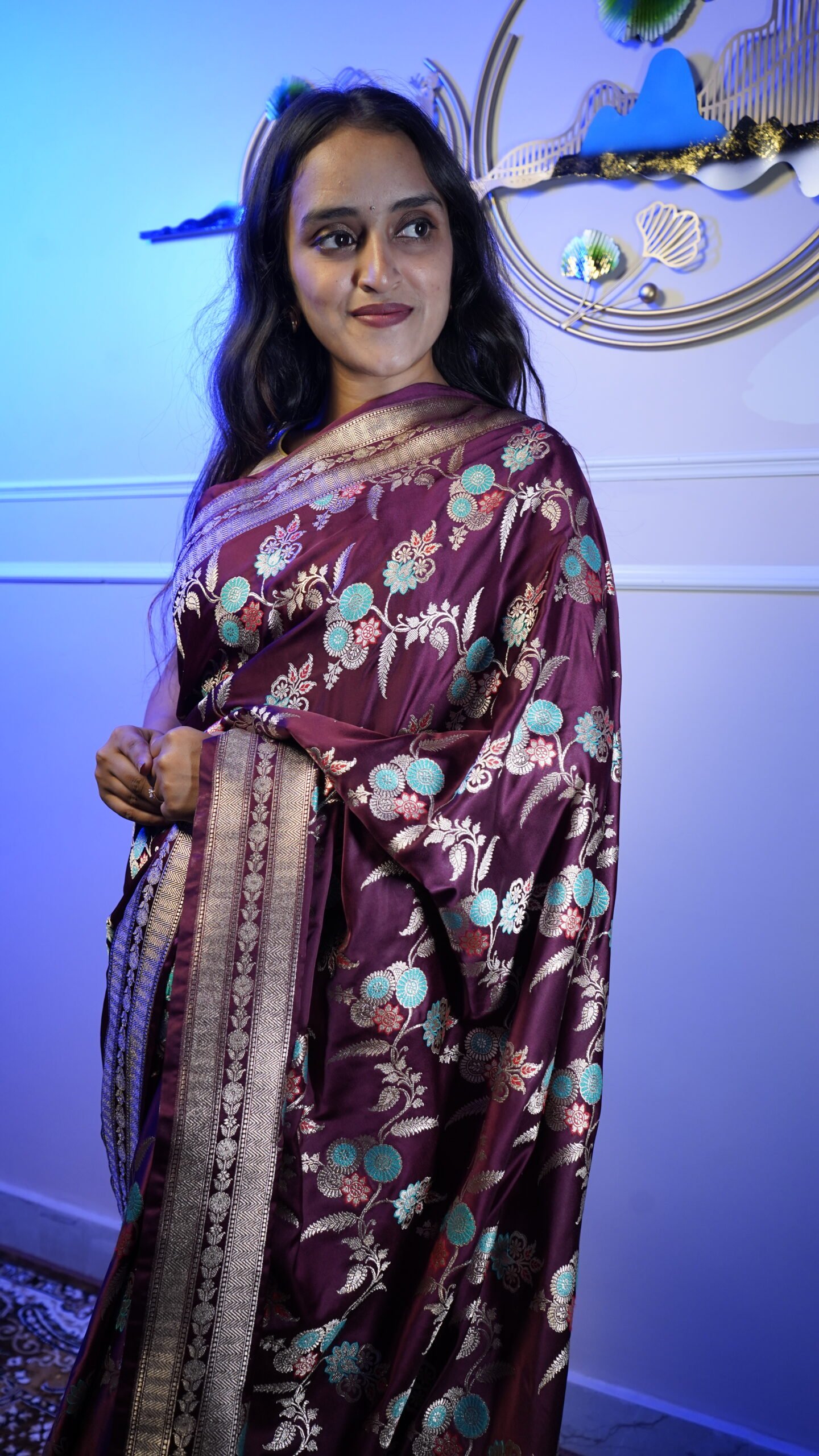 Wine Banarasi Silk Saree with Floral Zari Weaving & Rich Silver Border - Image 4