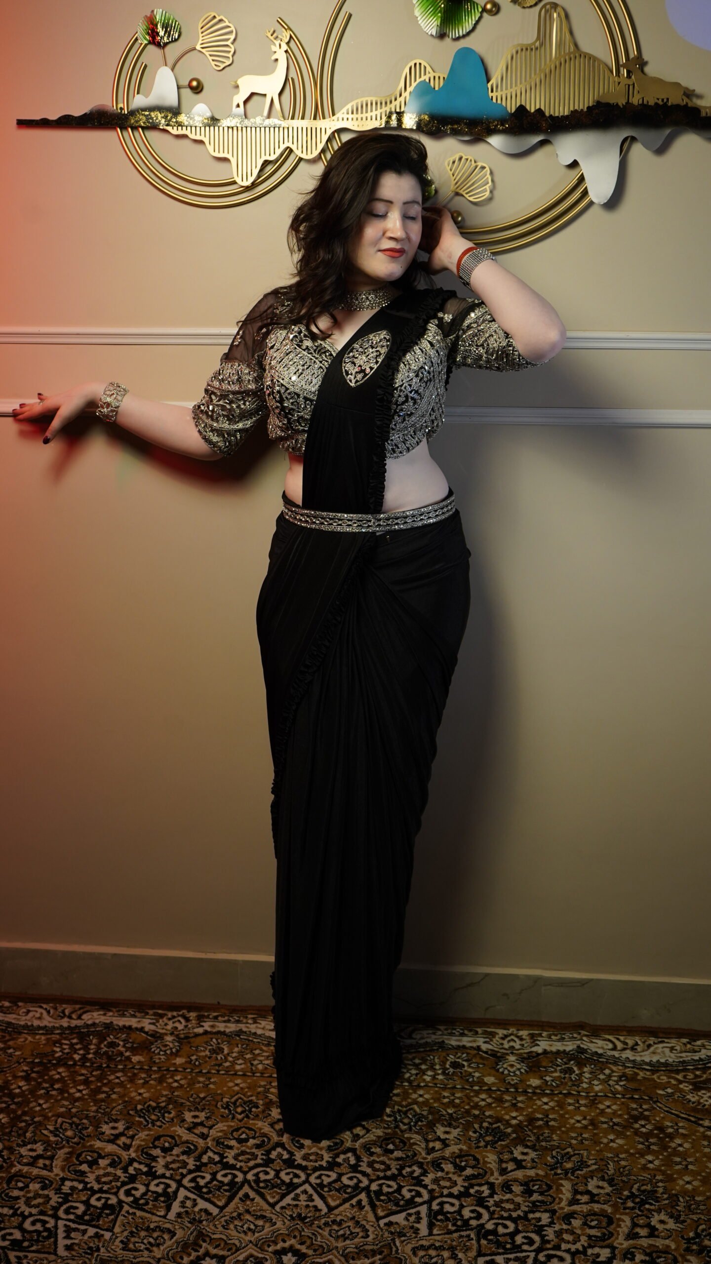 Black Designer Ready-to-Wear Saree with Heavy Embellished Blouse - Image 3