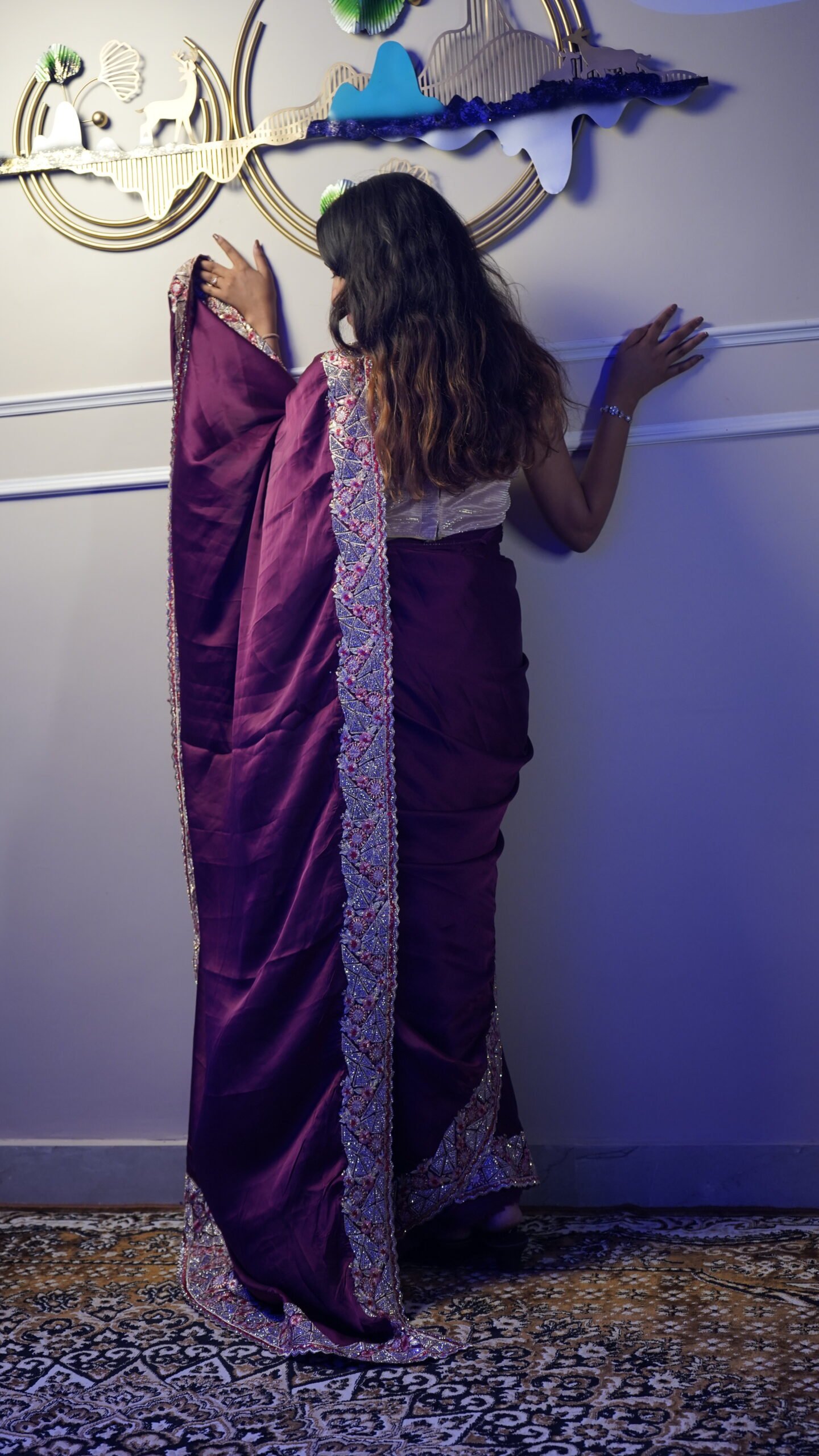 Wine Purple Designer Satin Silk Saree with Heavy Embroidered Border - Image 2
