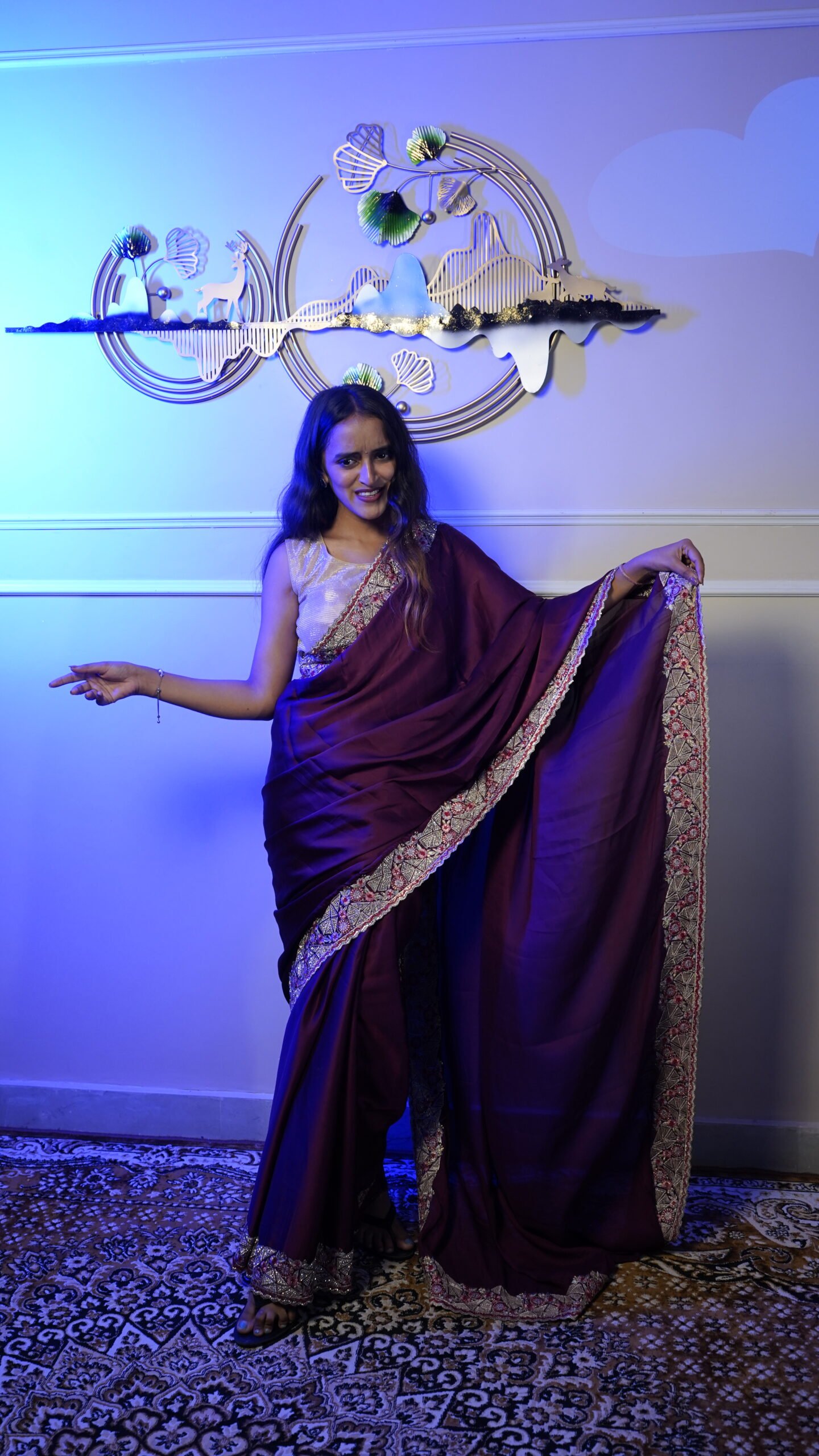 Wine Purple Designer Satin Silk Saree with Heavy Embroidered Border - Image 5