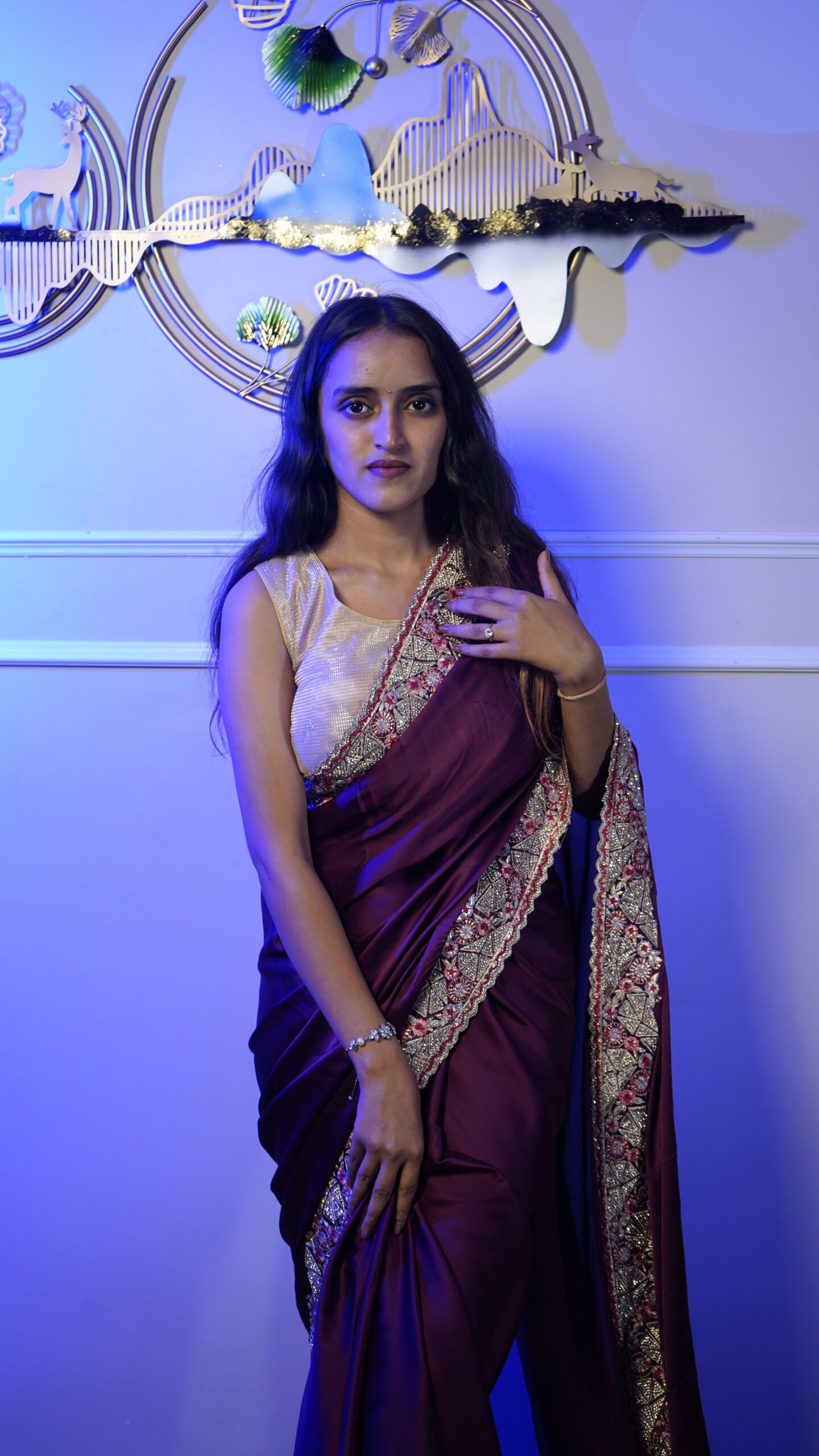 Wine Purple Designer Satin Silk Saree with Heavy Embroidered Border