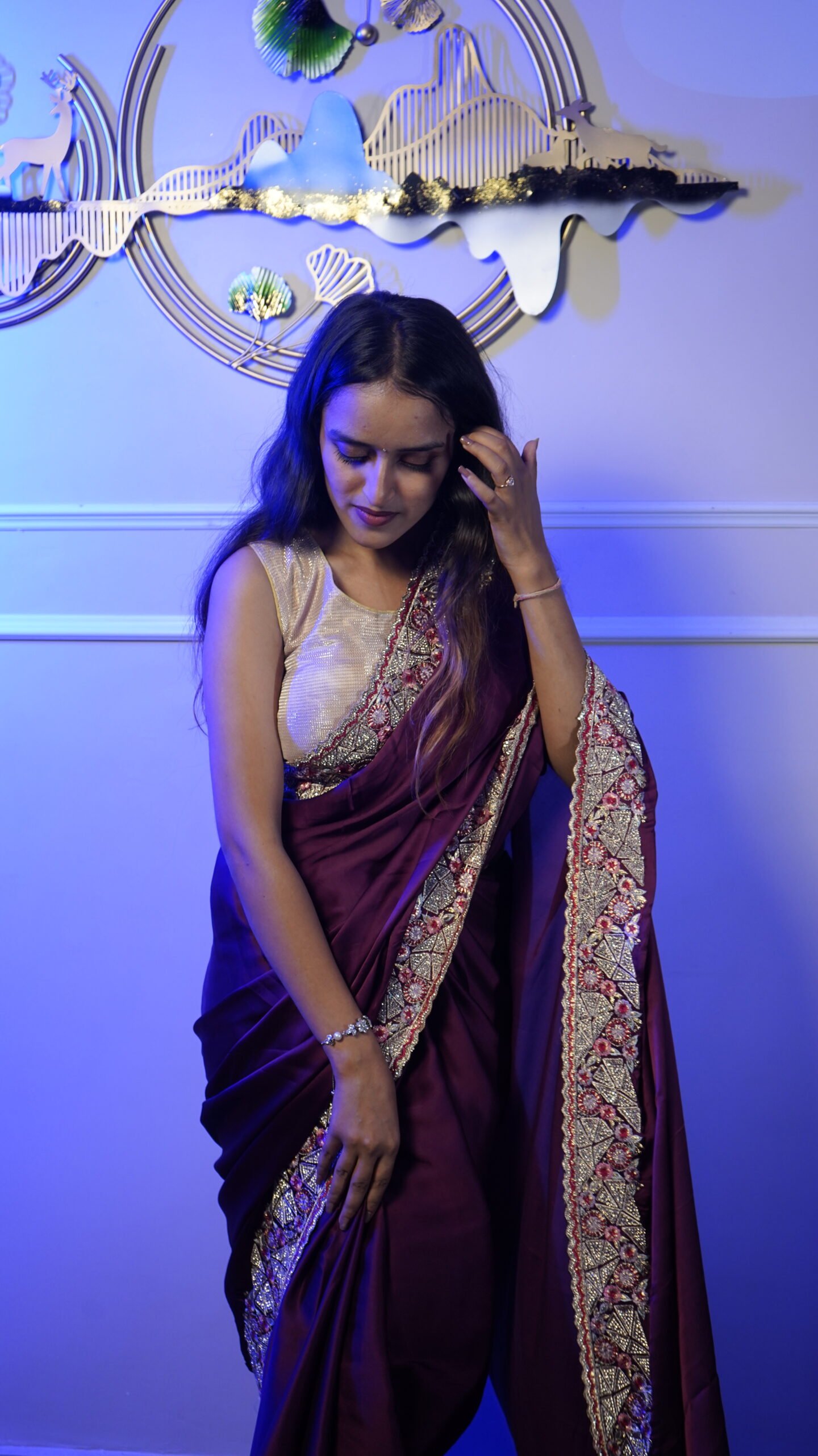 Wine Purple Designer Satin Silk Saree with Heavy Embroidered Border - Image 3