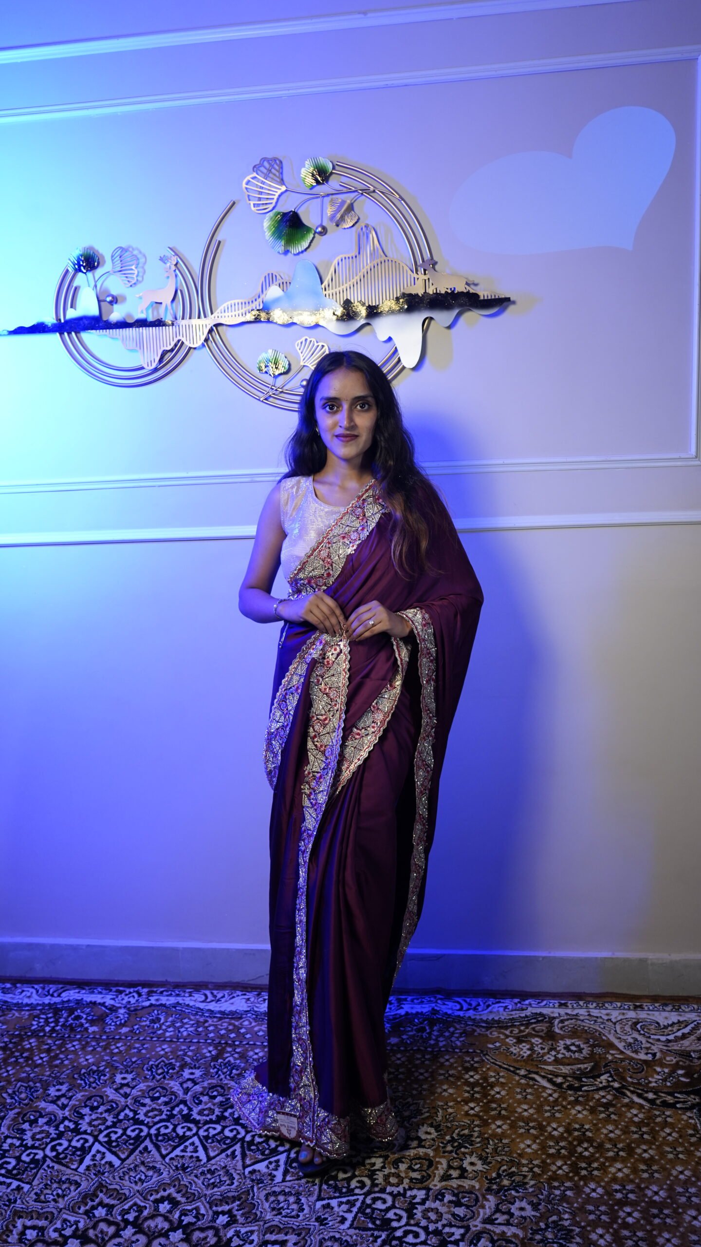 Wine Purple Designer Satin Silk Saree with Heavy Embroidered Border - Image 4