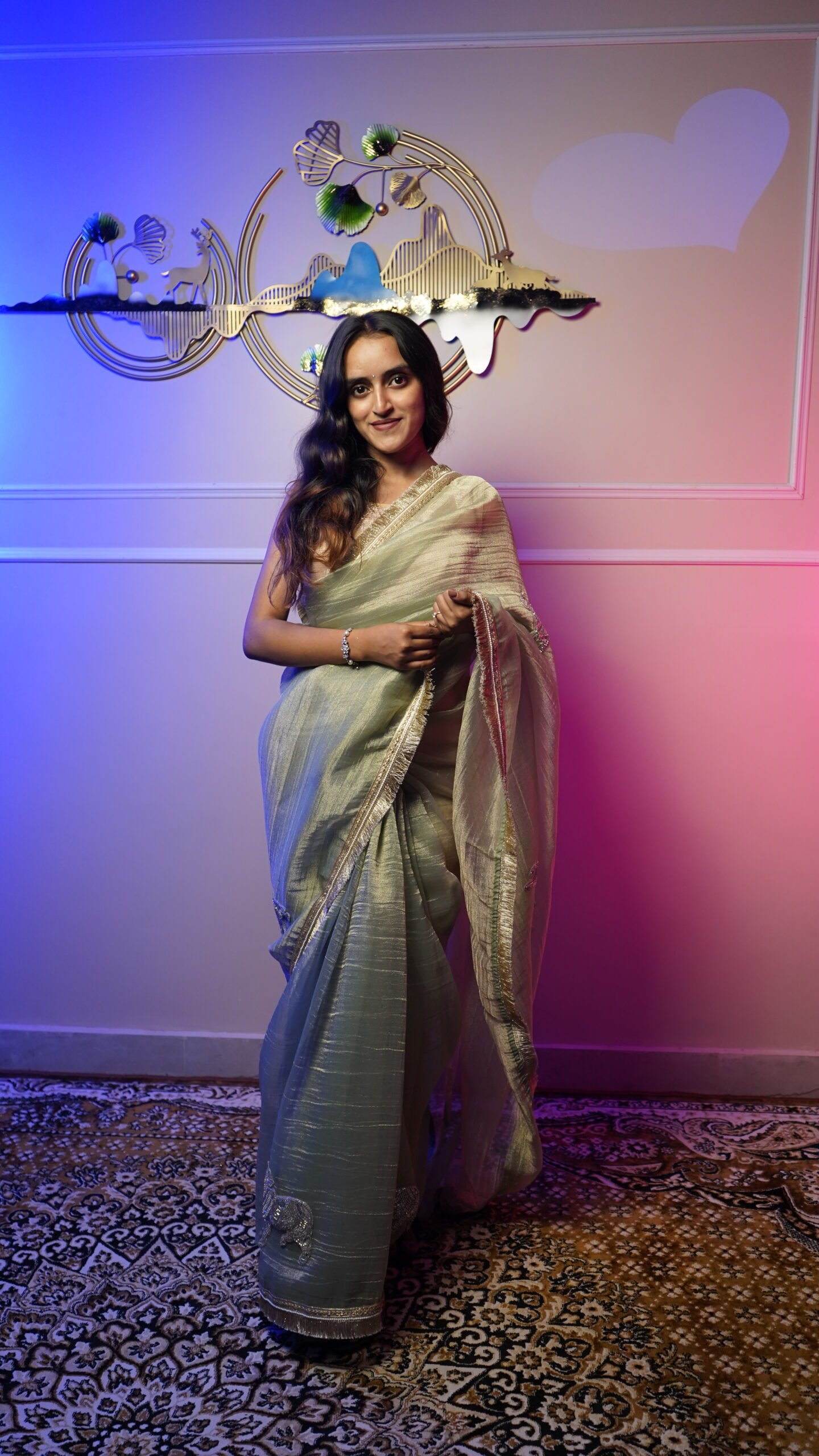 Sage Green Tissue Silk Saree with Elegant Zari Border - Image 2