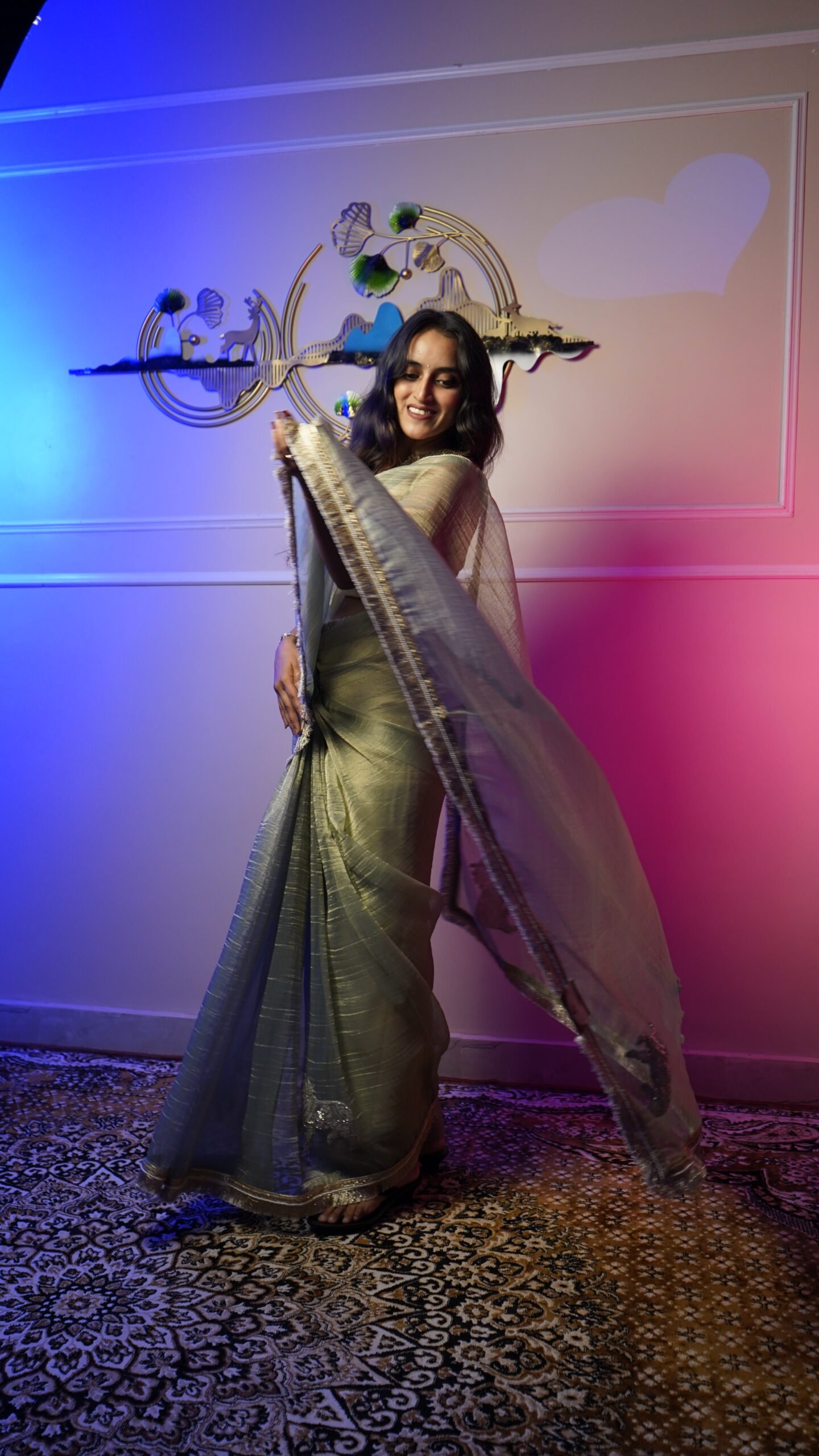 Sage Green Tissue Silk Saree with Elegant Zari Border - Image 3