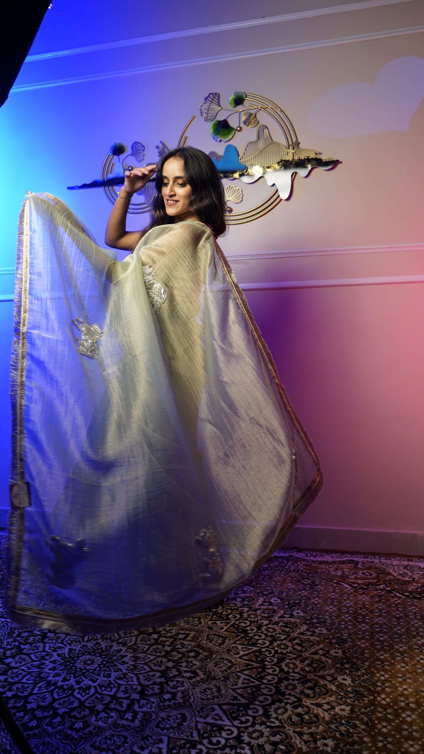 Sage Green Tissue Silk Saree with Elegant Zari Border - Image 4