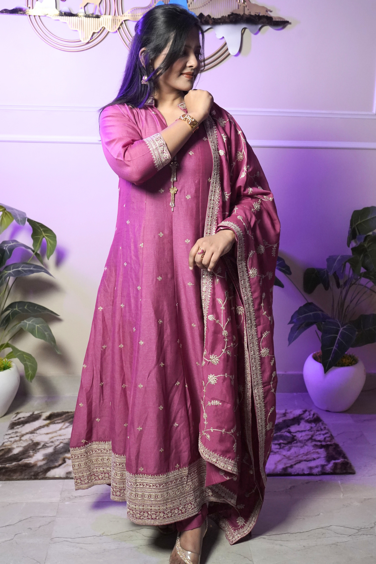 Magenta Embroidered Anarkali Suit Set - Image 3