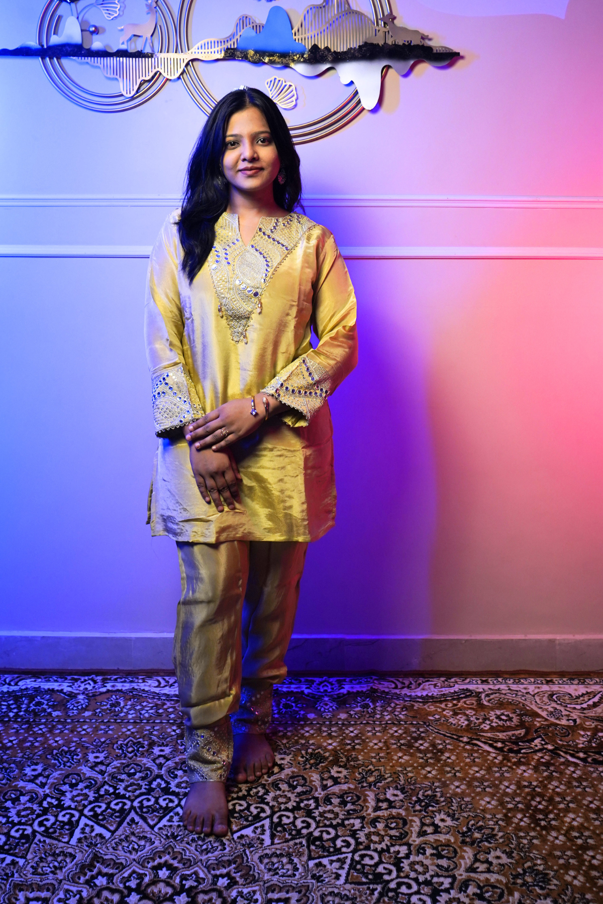 Golden Silk Embroidered Kurta Set for Women - Image 2