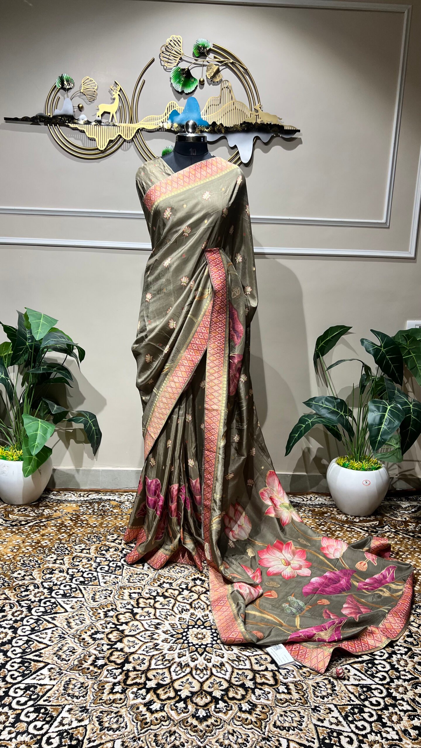 Olive Green Pashmina Saree with Lotus Print & Elegant Woven Border - Image 2