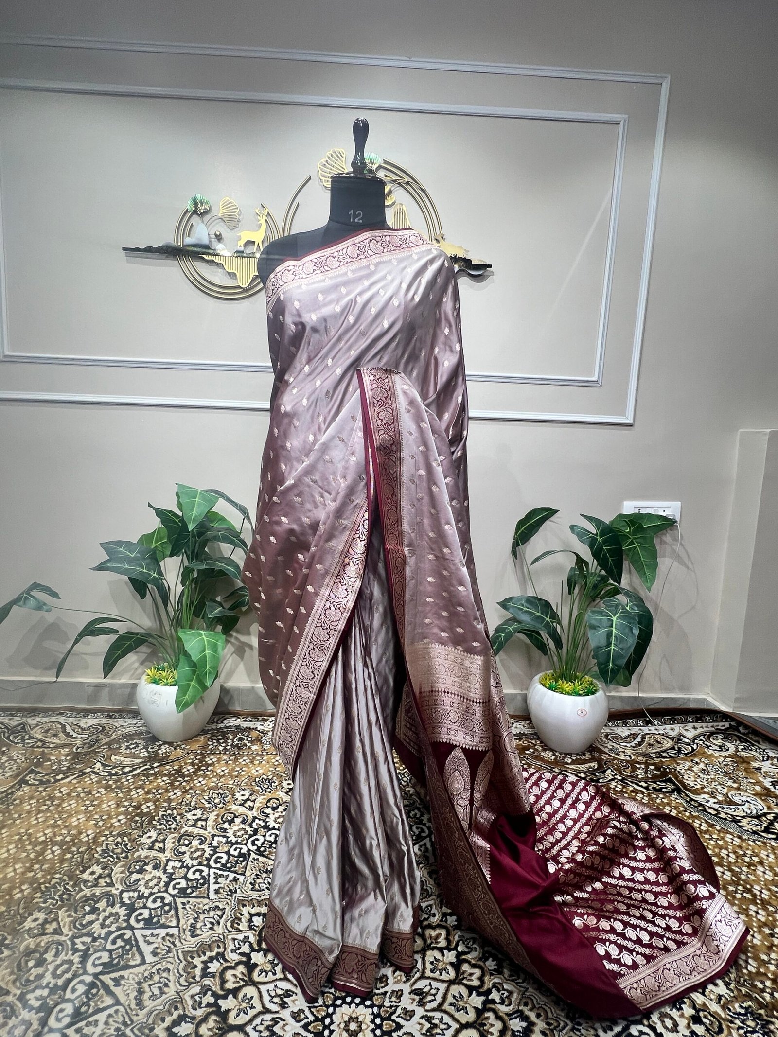Pure Mushroo Silk Mist Grey Handwoven Saree with Silver Zari & Wine Contrast Pallu - Image 2