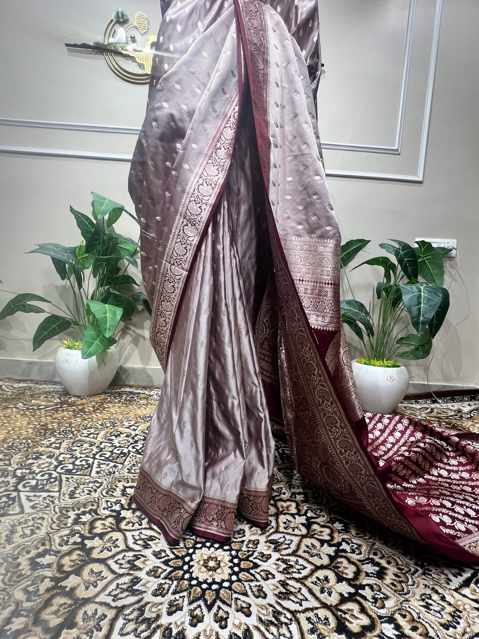 Pure Mushroo Silk Mist Grey Handwoven Saree with Silver Zari & Wine Contrast Pallu - Image 3
