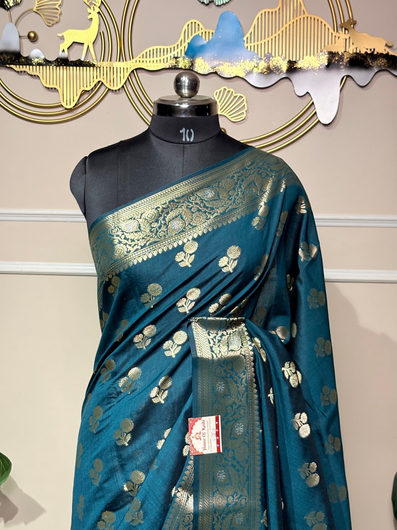 Teal Blue Pure Banarasi Silk Saree with Silver Zari Weaving - Image 2
