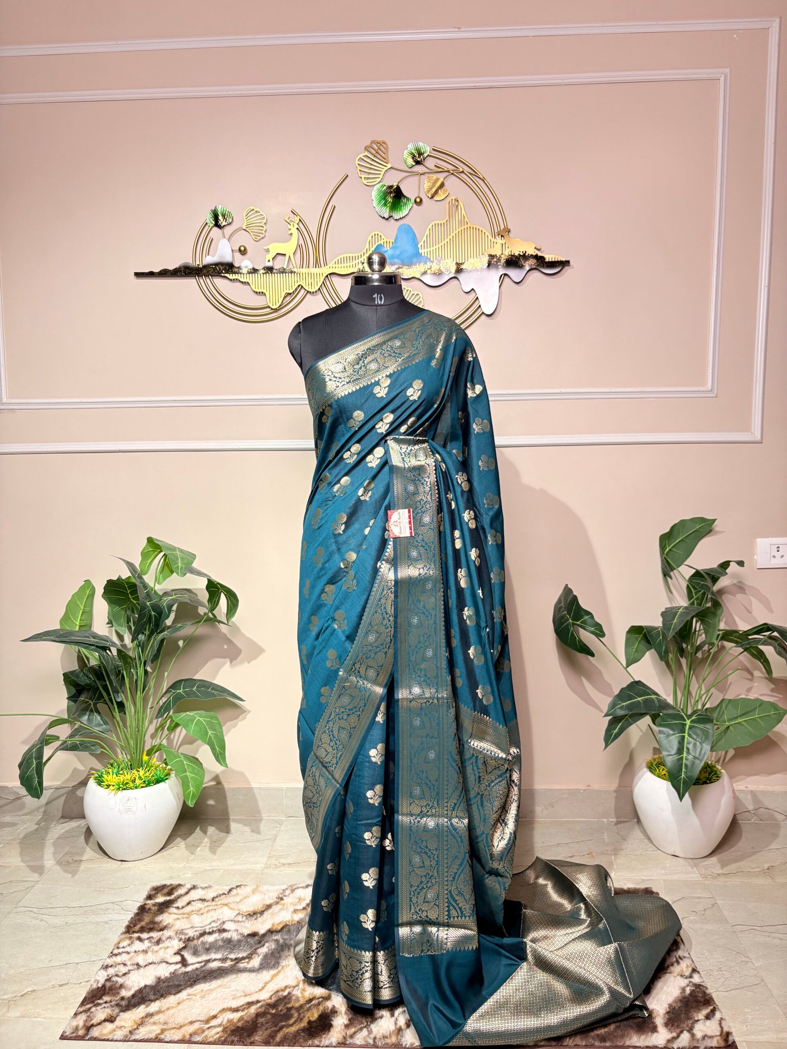 Teal Blue Pure Banarasi Silk Saree with Silver Zari Weaving - Image 6