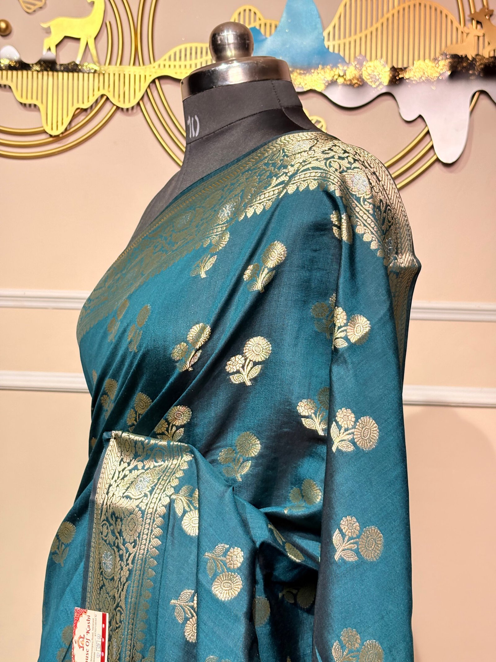 Teal Blue Pure Banarasi Silk Saree with Silver Zari Weaving - Image 3