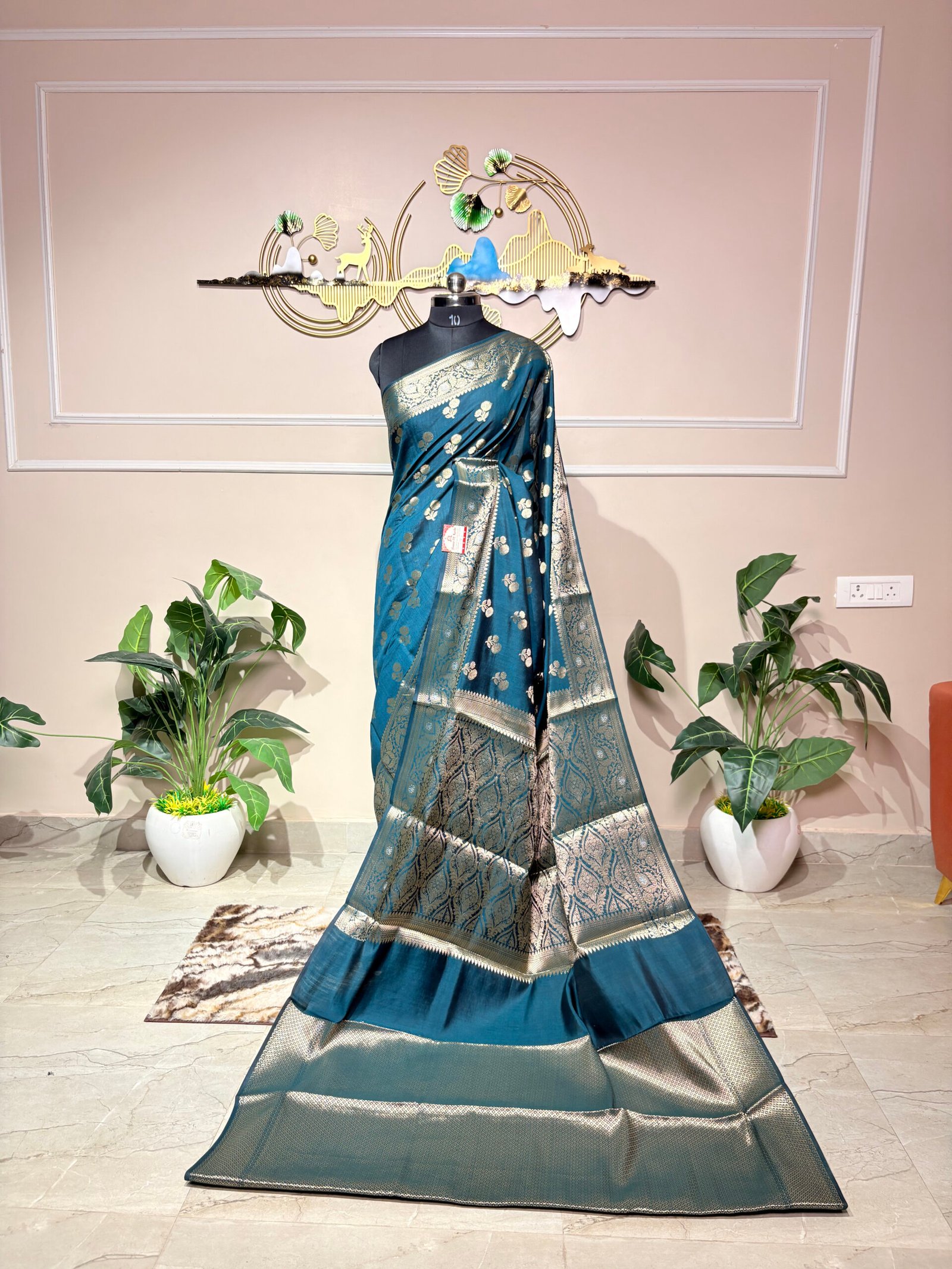 Teal Blue Pure Banarasi Silk Saree with Silver Zari Weaving - Image 5