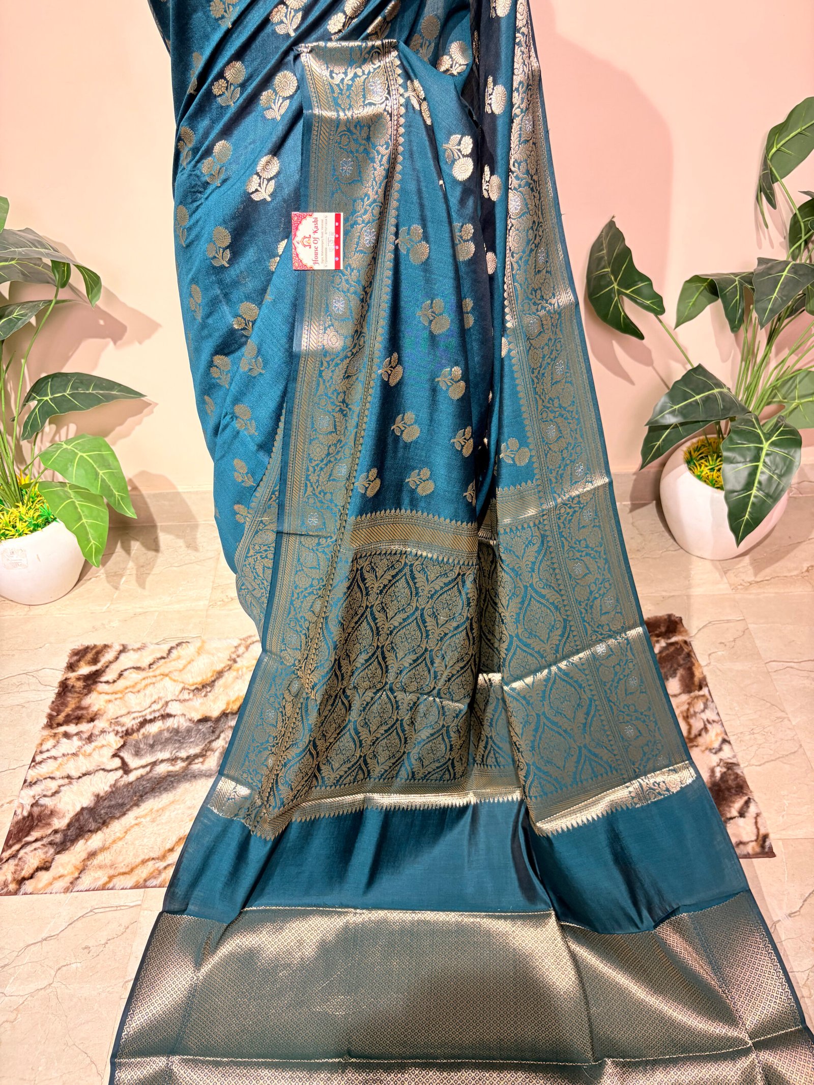 Teal Blue Pure Banarasi Silk Saree with Silver Zari Weaving - Image 4