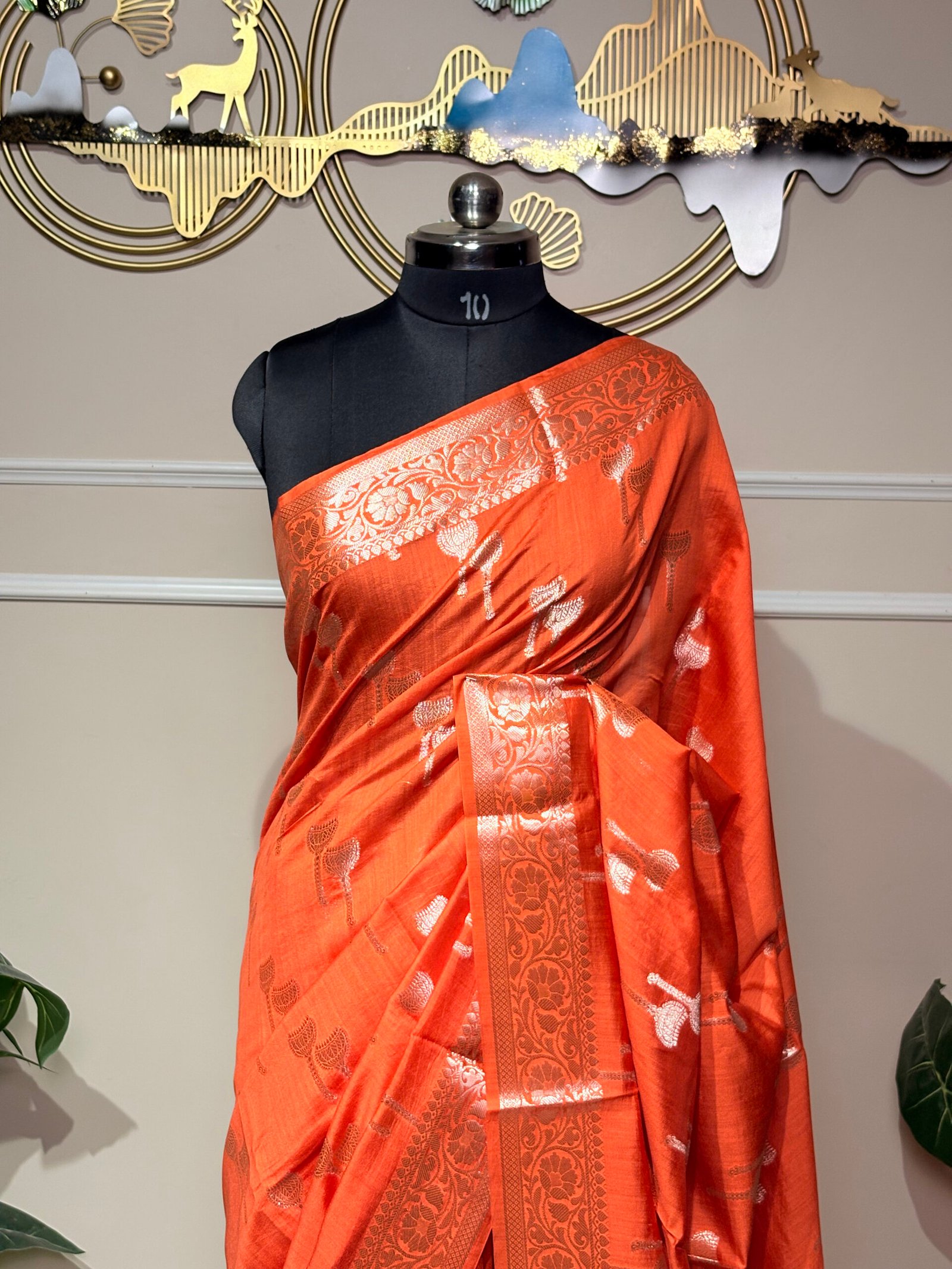Rust Orange Pure Banarasi Silk Saree with Silver Zari Weaving - Image 4