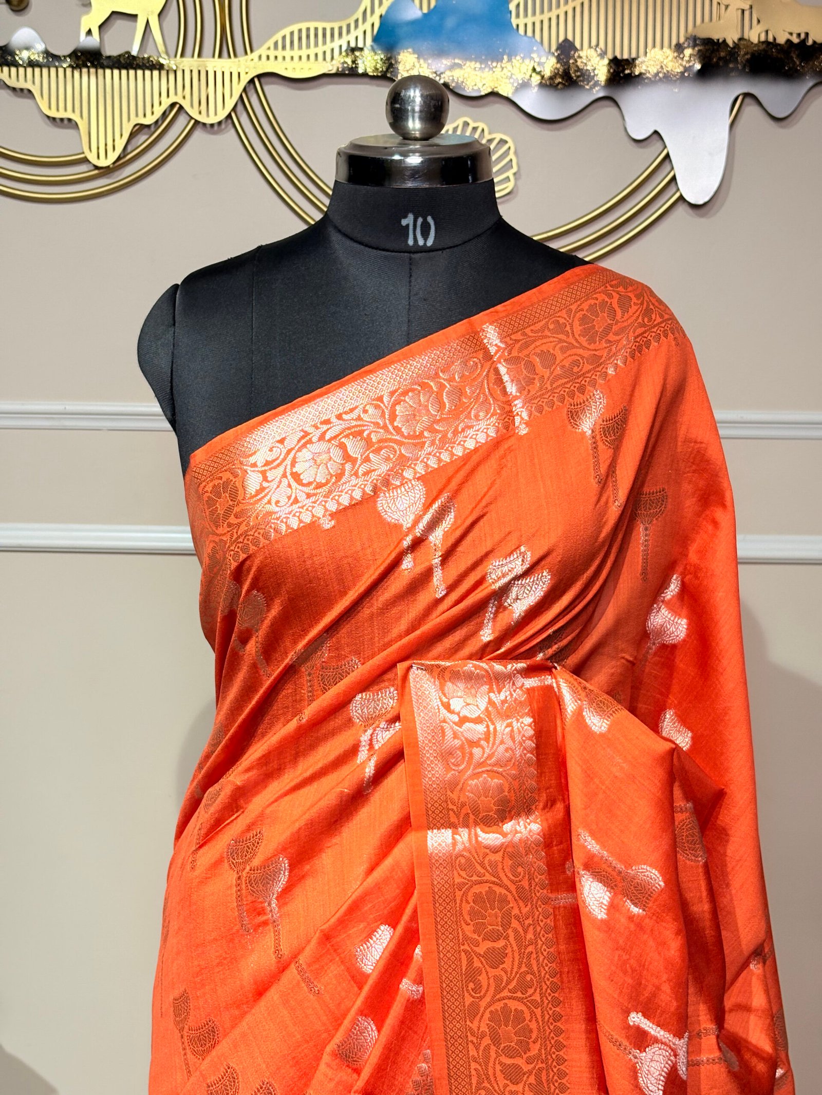 Rust Orange Pure Banarasi Silk Saree with Silver Zari Weaving - Image 2