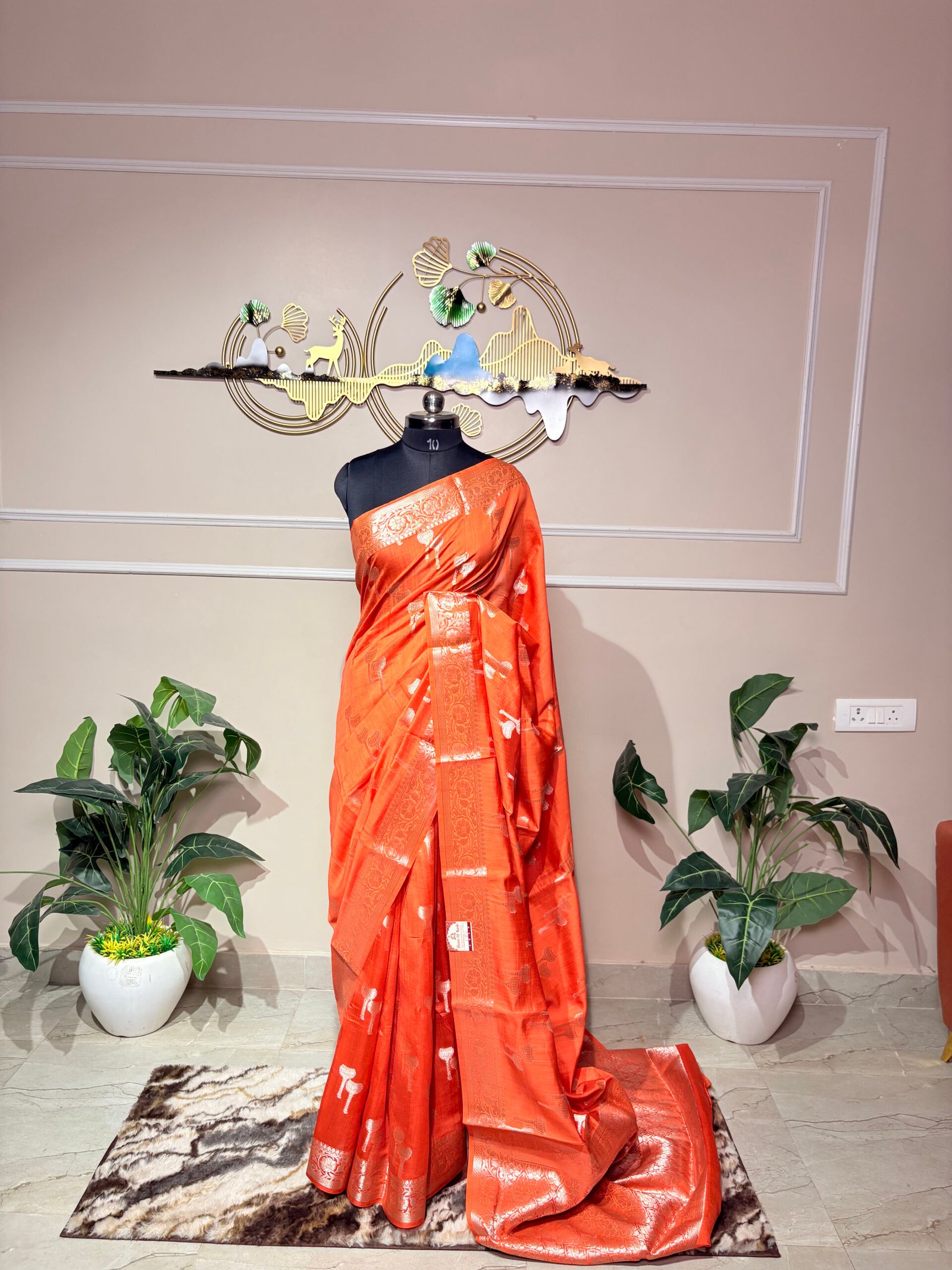 Rust Orange Pure Banarasi Silk Saree with Silver Zari Weaving - Image 3