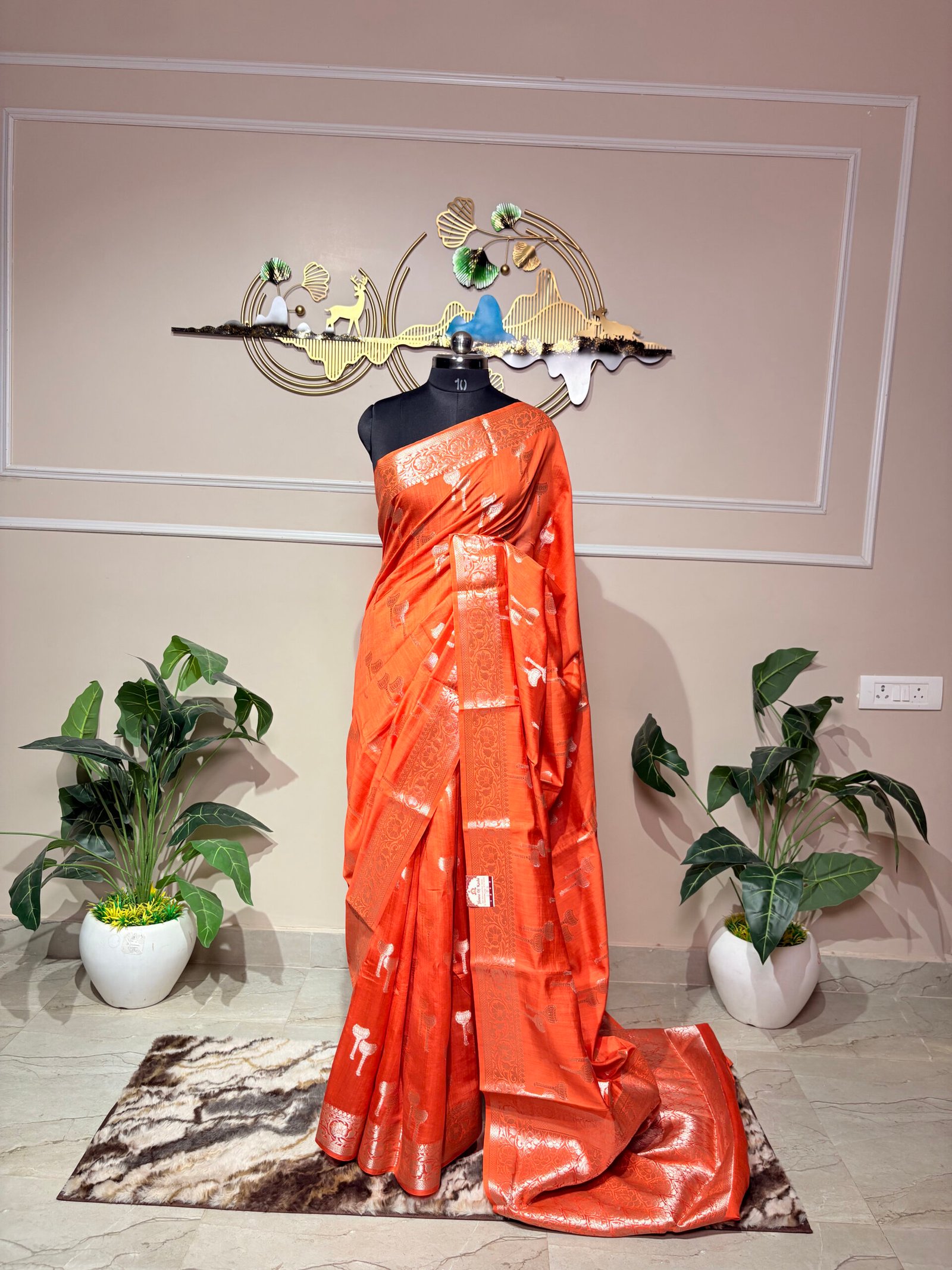 Rust Orange Pure Banarasi Silk Saree with Silver Zari Weaving - Image 5