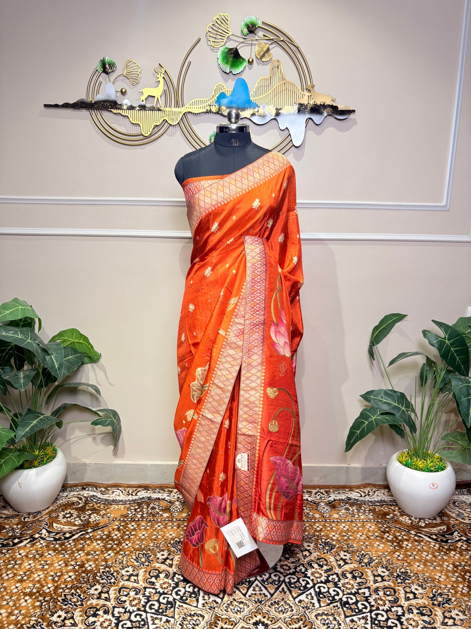 Rust Orange Floral Designer Silk Saree - Image 2