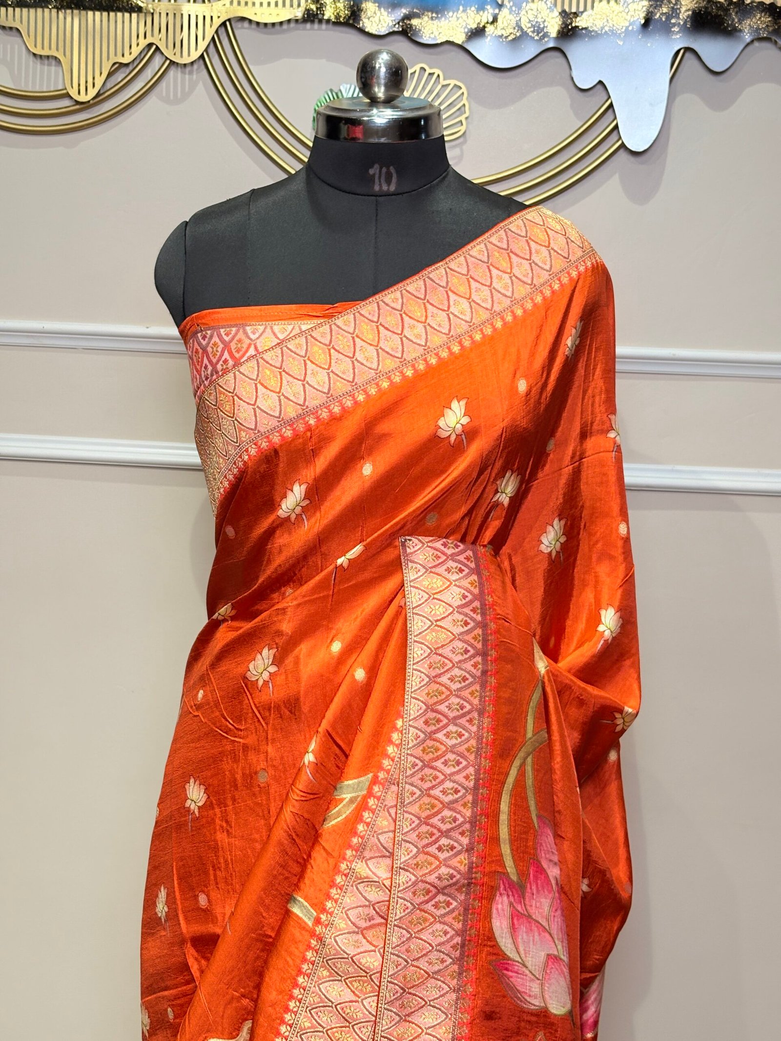 Rust Orange Floral Designer Silk Saree - Image 5