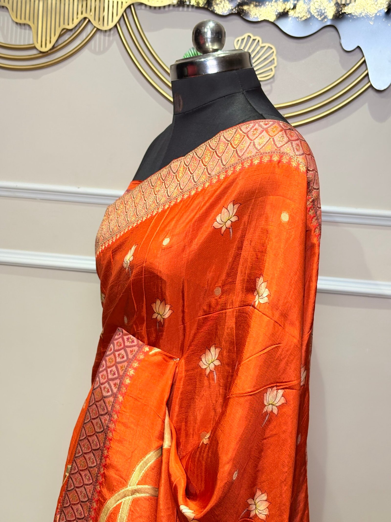 Rust Orange Floral Designer Silk Saree - Image 3