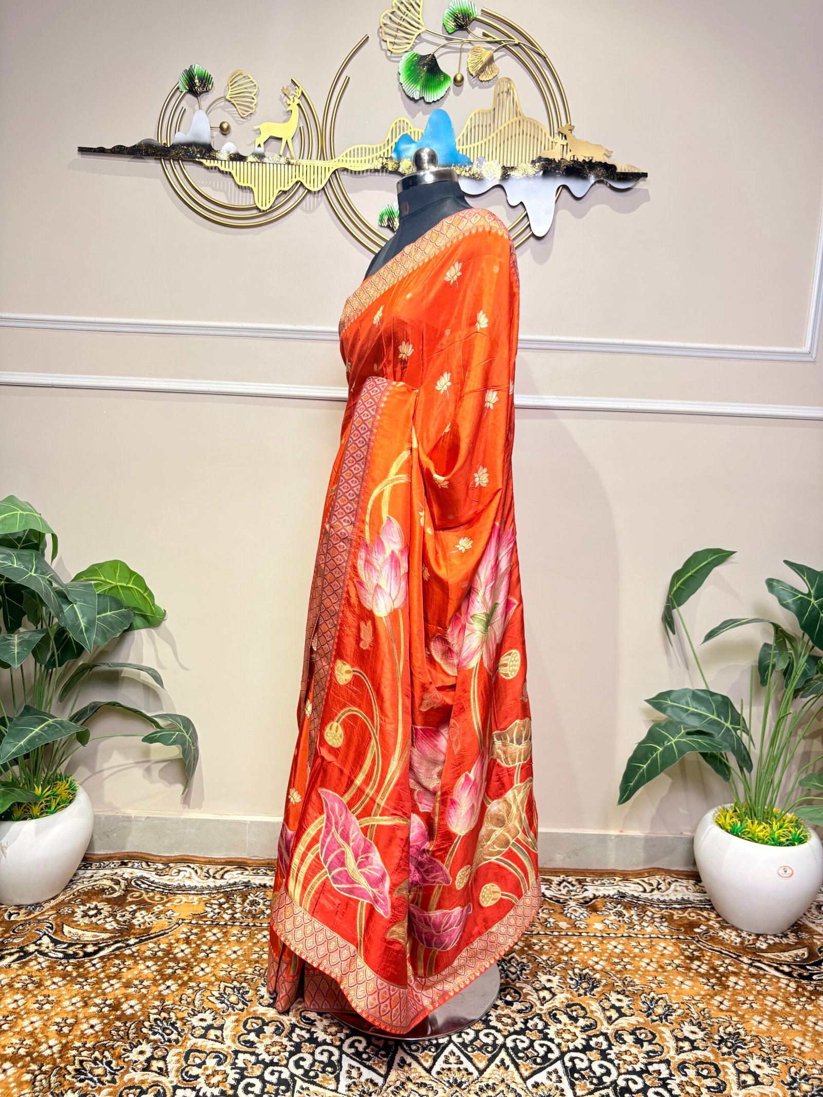 Rust Orange Floral Designer Silk Saree - Image 4