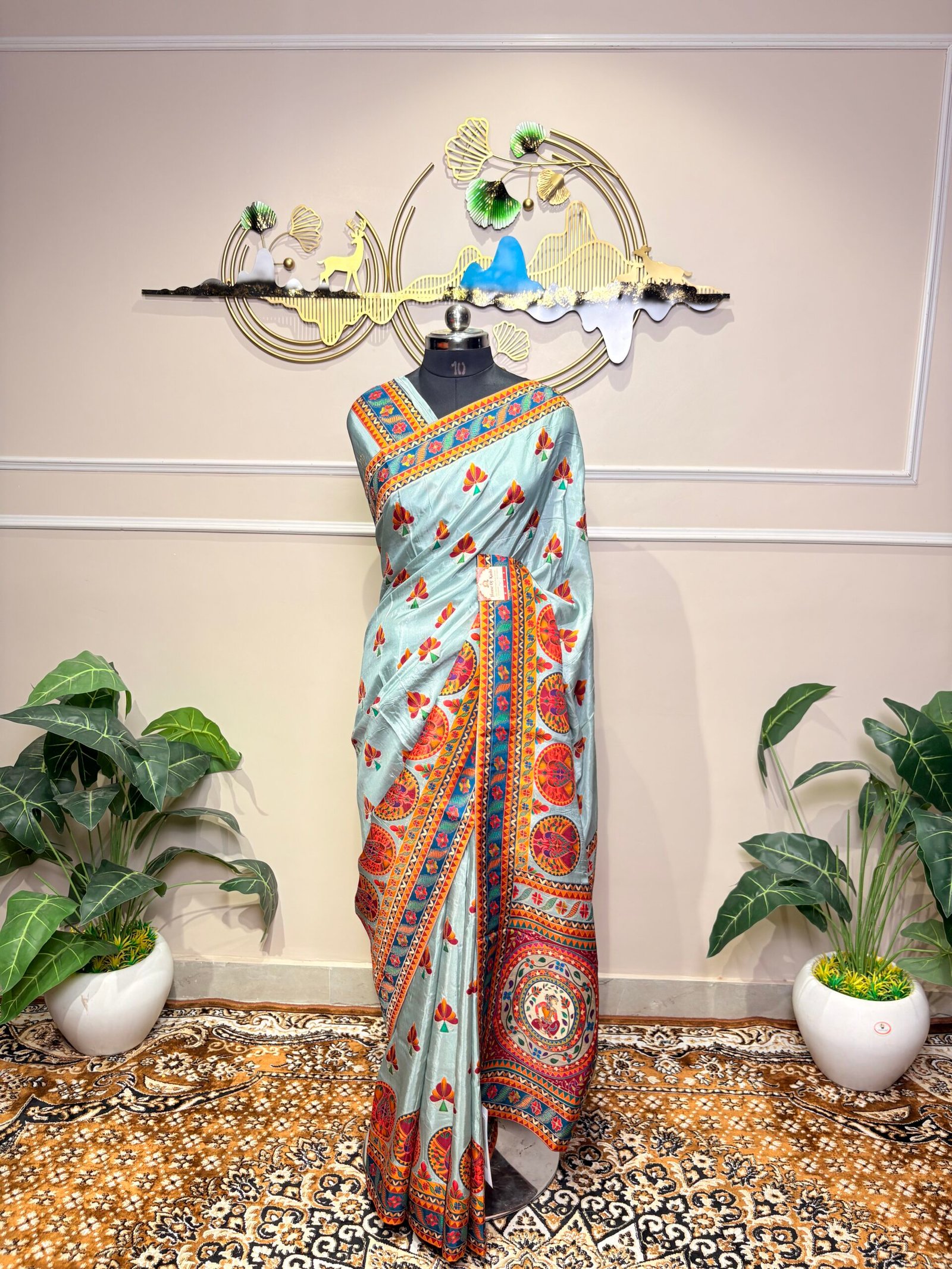 Sky Blue Designer Silk Saree with Traditional Artistic Print - Image 2