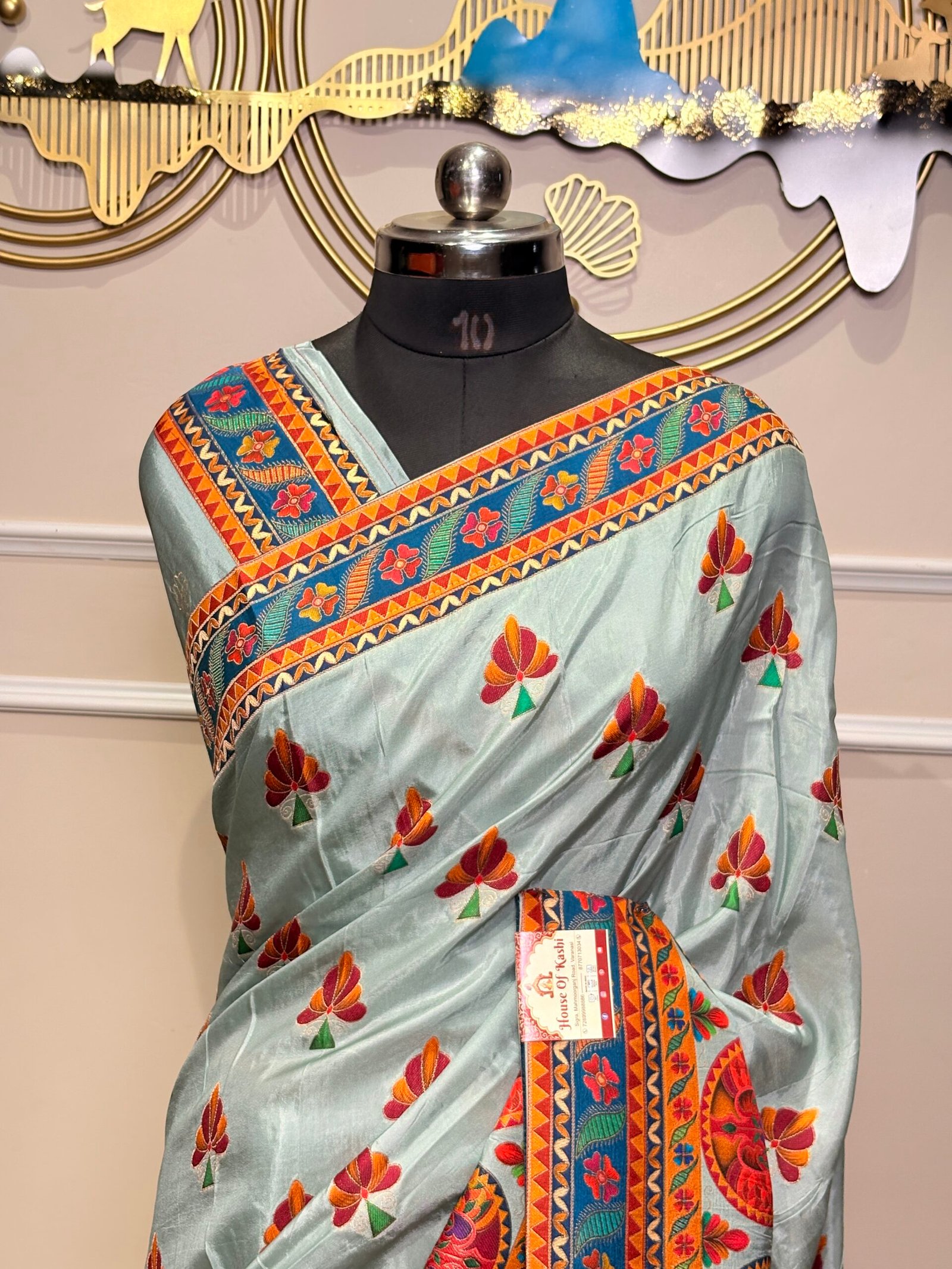 Sky Blue Designer Silk Saree with Traditional Artistic Print - Image 6