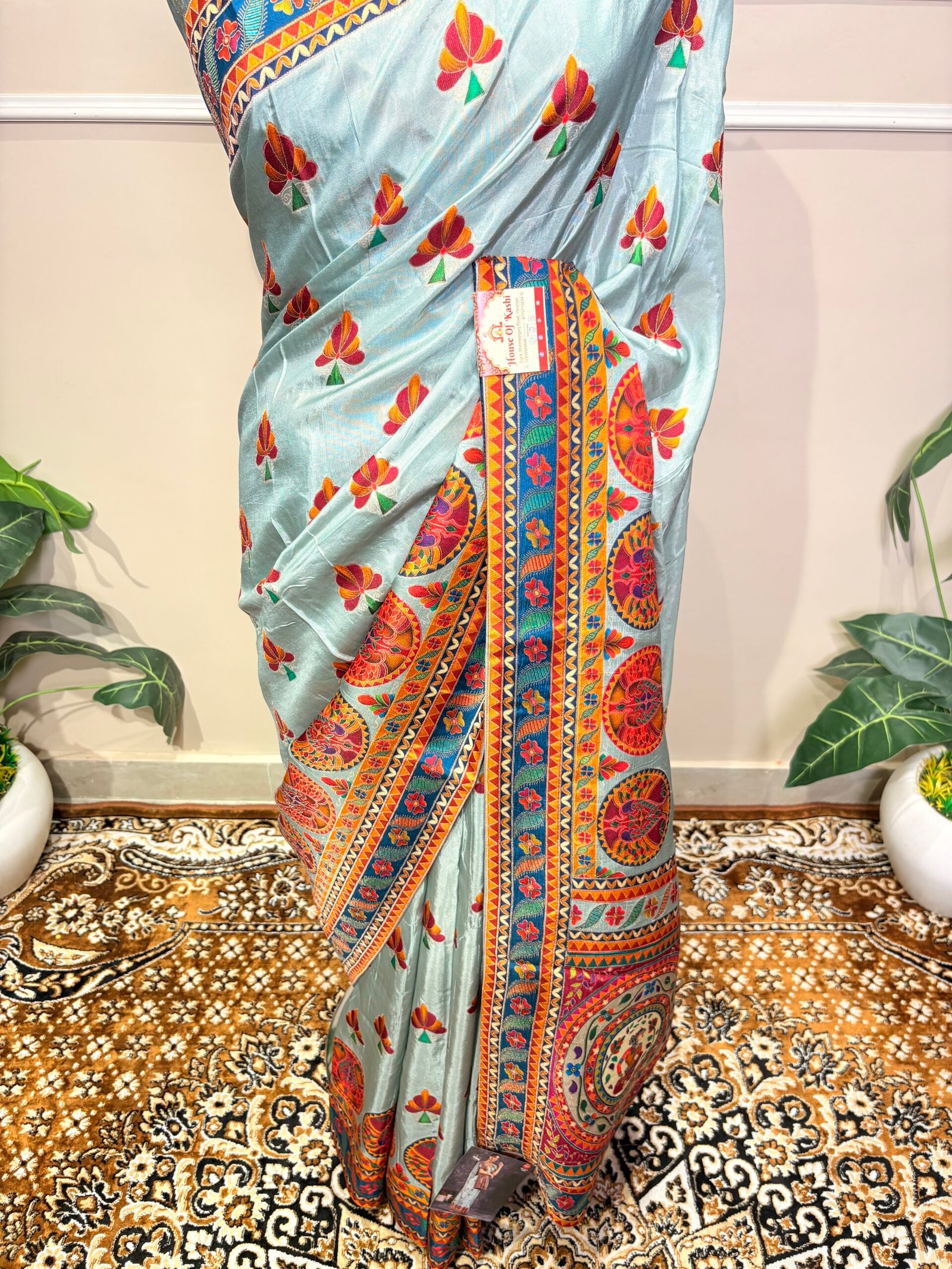 Sky Blue Designer Silk Saree with Traditional Artistic Print - Image 4