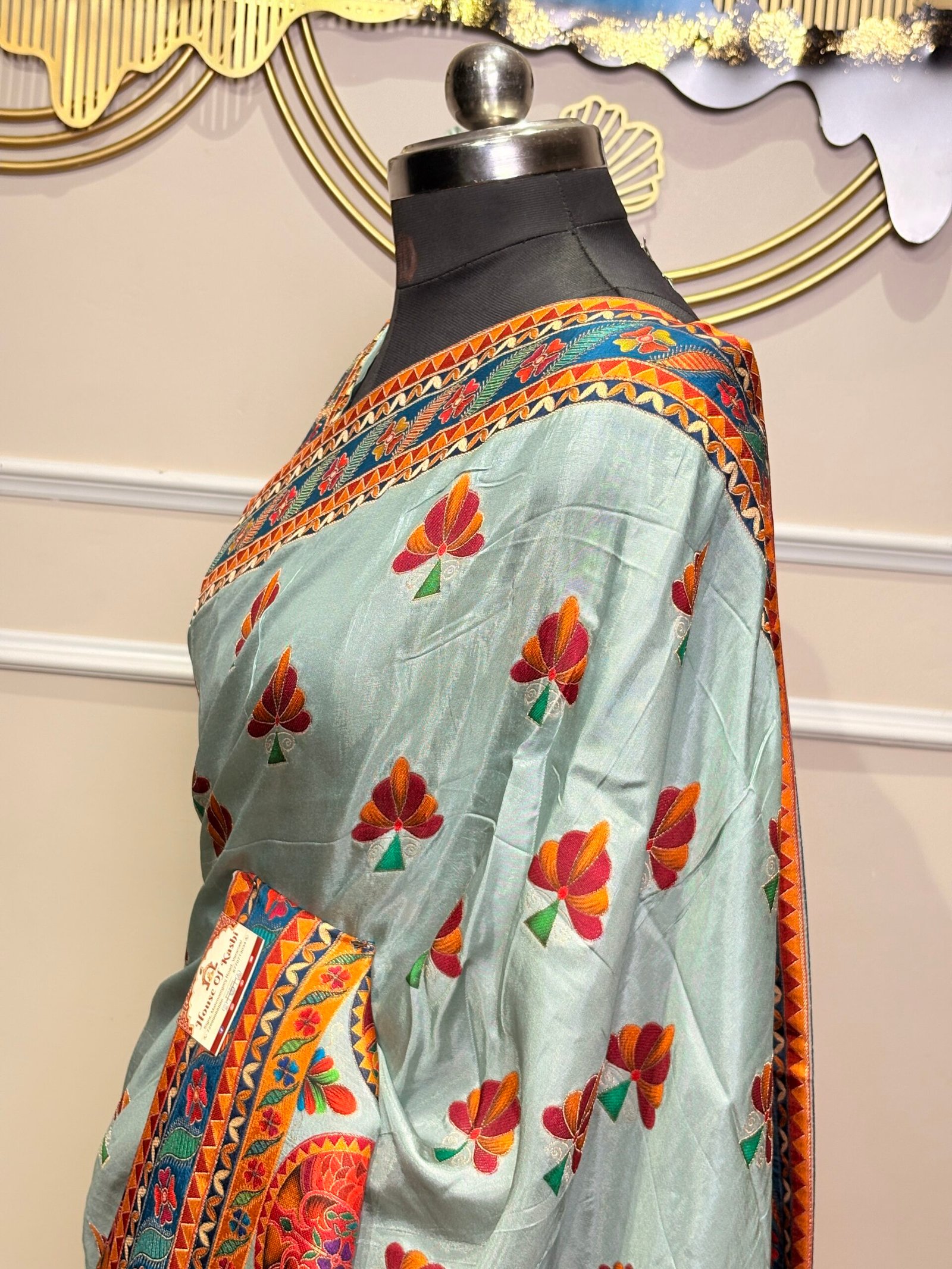 Sky Blue Designer Silk Saree with Traditional Artistic Print - Image 5