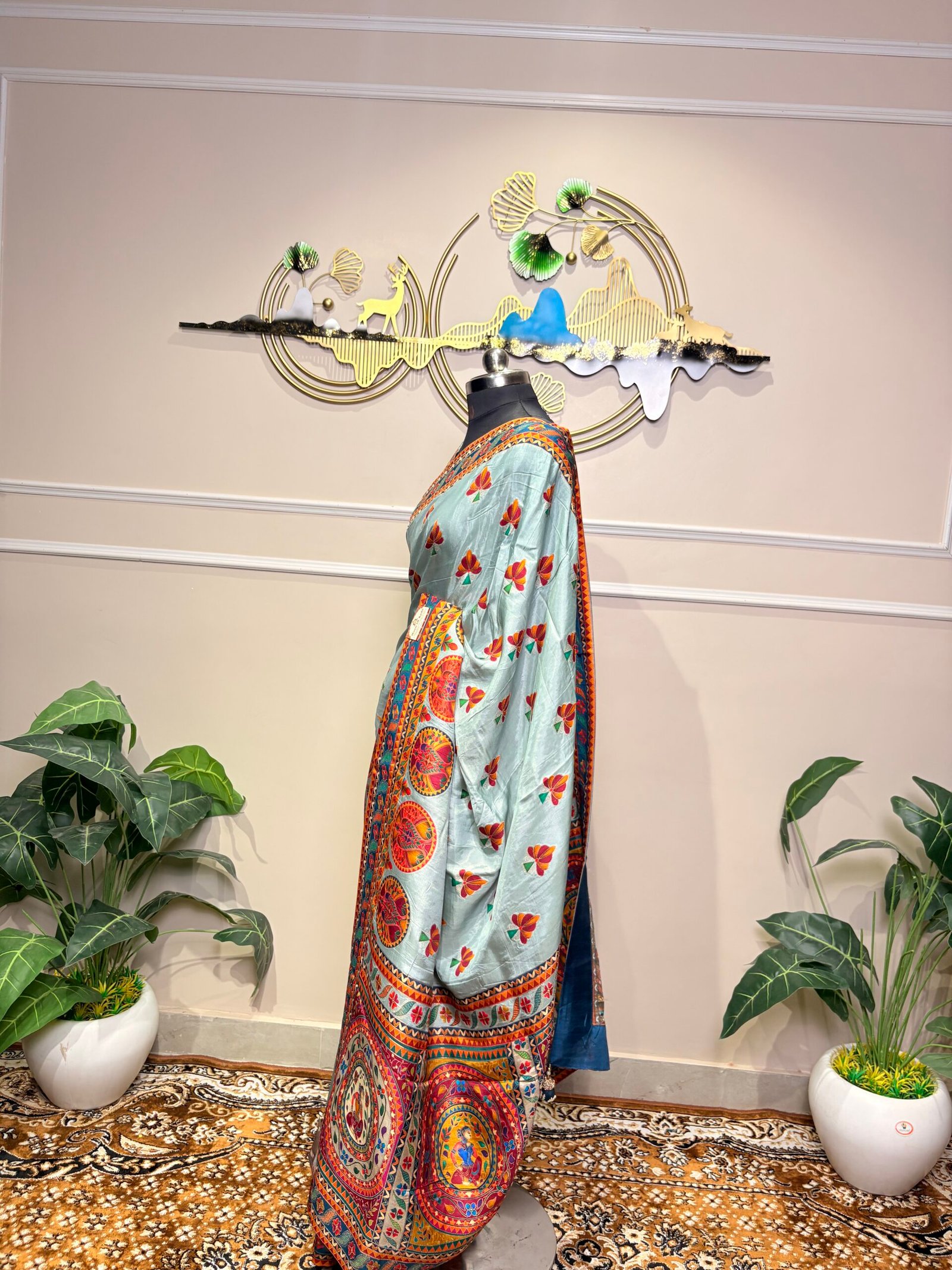 Sky Blue Designer Silk Saree with Traditional Artistic Print - Image 3