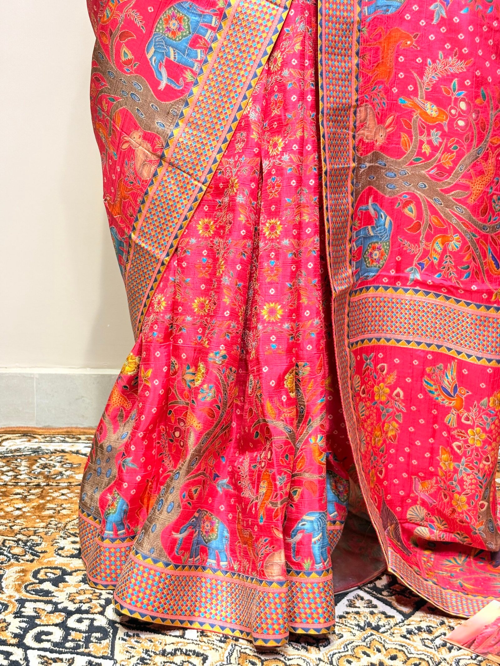 Rani Pink Pashmina Saree with Kashmiri Digital Print & Paisley Heritage Border - Image 5
