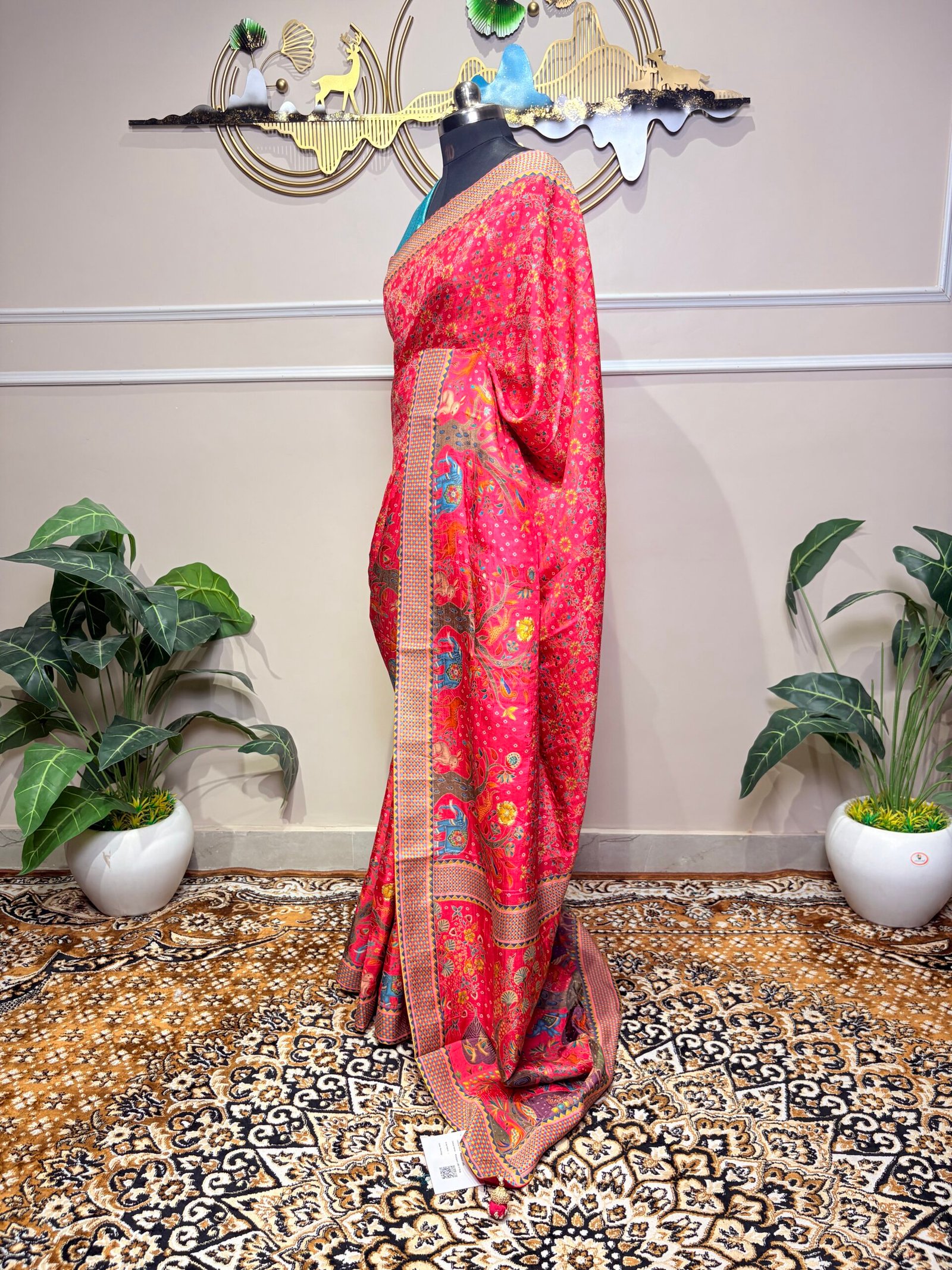 Rani Pink Pashmina Saree with Kashmiri Digital Print & Paisley Heritage Border - Image 3